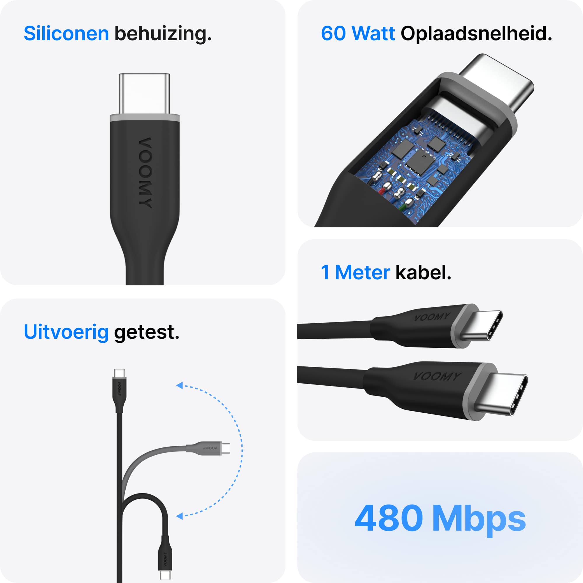Voomy Connect C610 - 60W USB-C Kabel 1M – Zwart – 2 Stuks