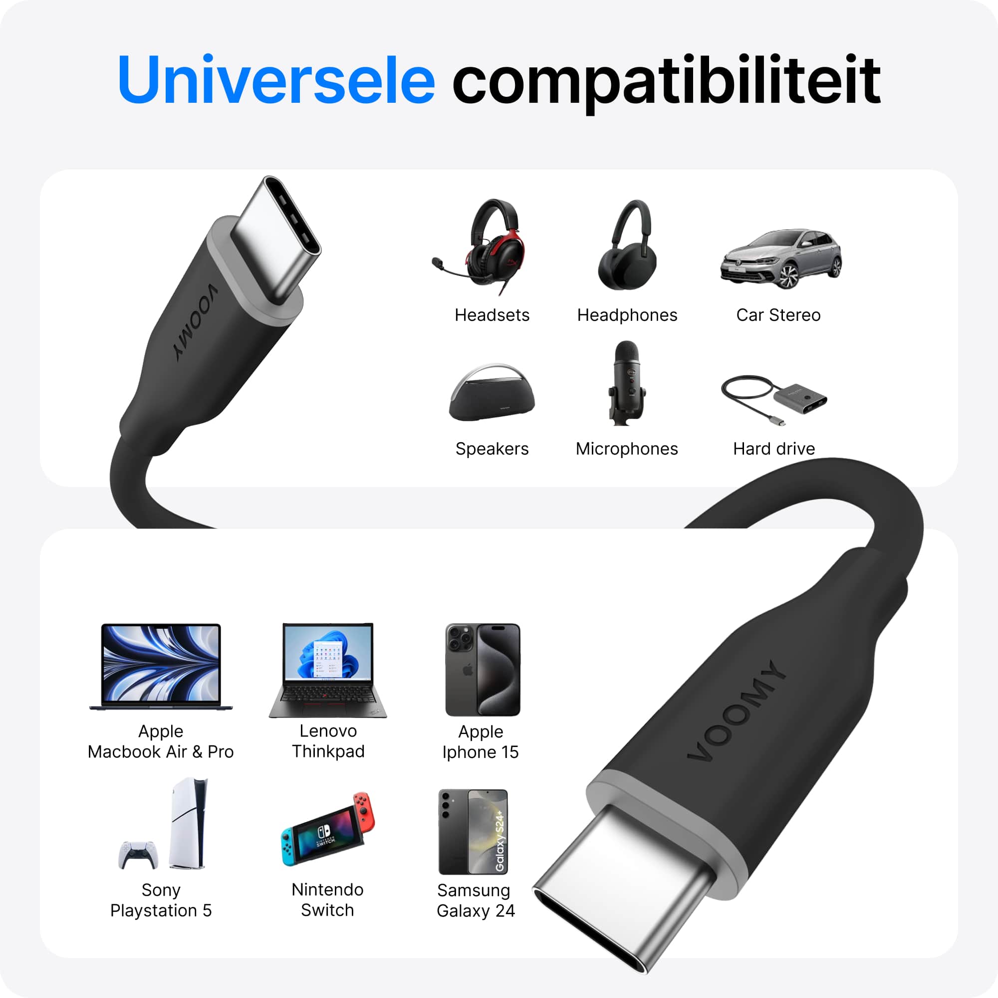 Voomy Connect C610 - 60W USB-C Kabel 1M – Zwart – 2 Stuks