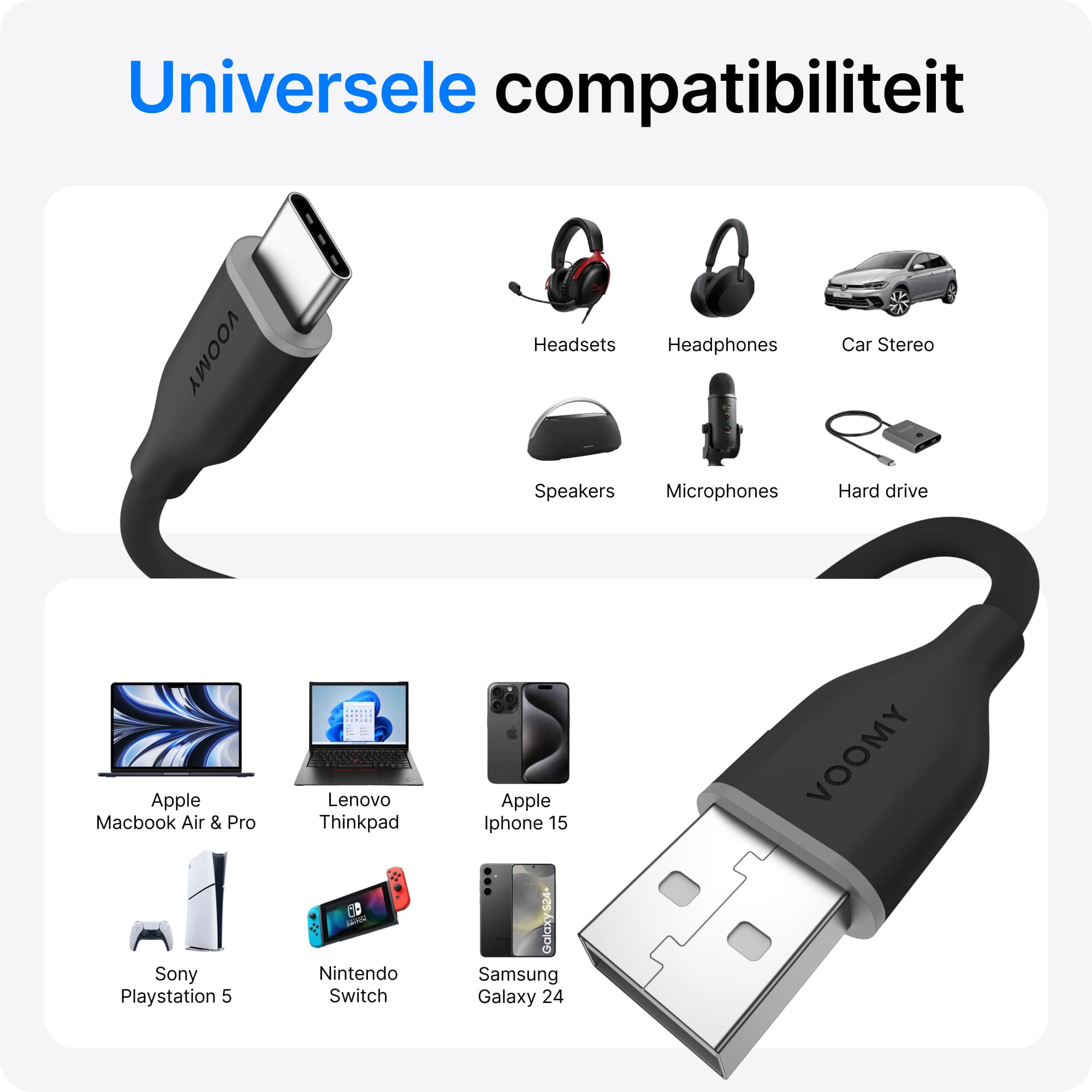 Voomy Connect C710 – 12W USB-C naar USB-A Kabel – 1M – Zwart – 2 Stuks