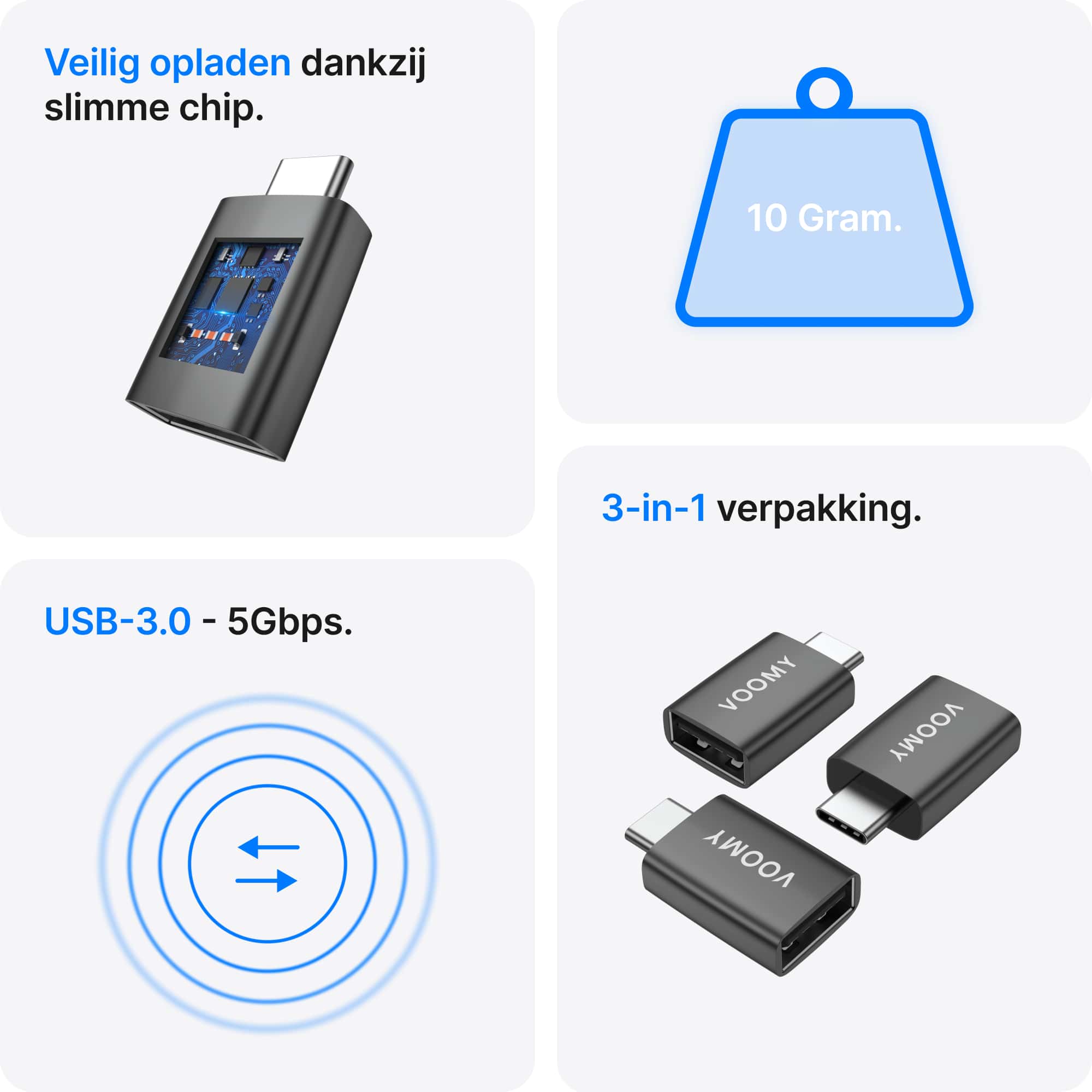 Voomy Connect H101 - USB-A naar USB-C Adapter – 3 stuks – Space Grey