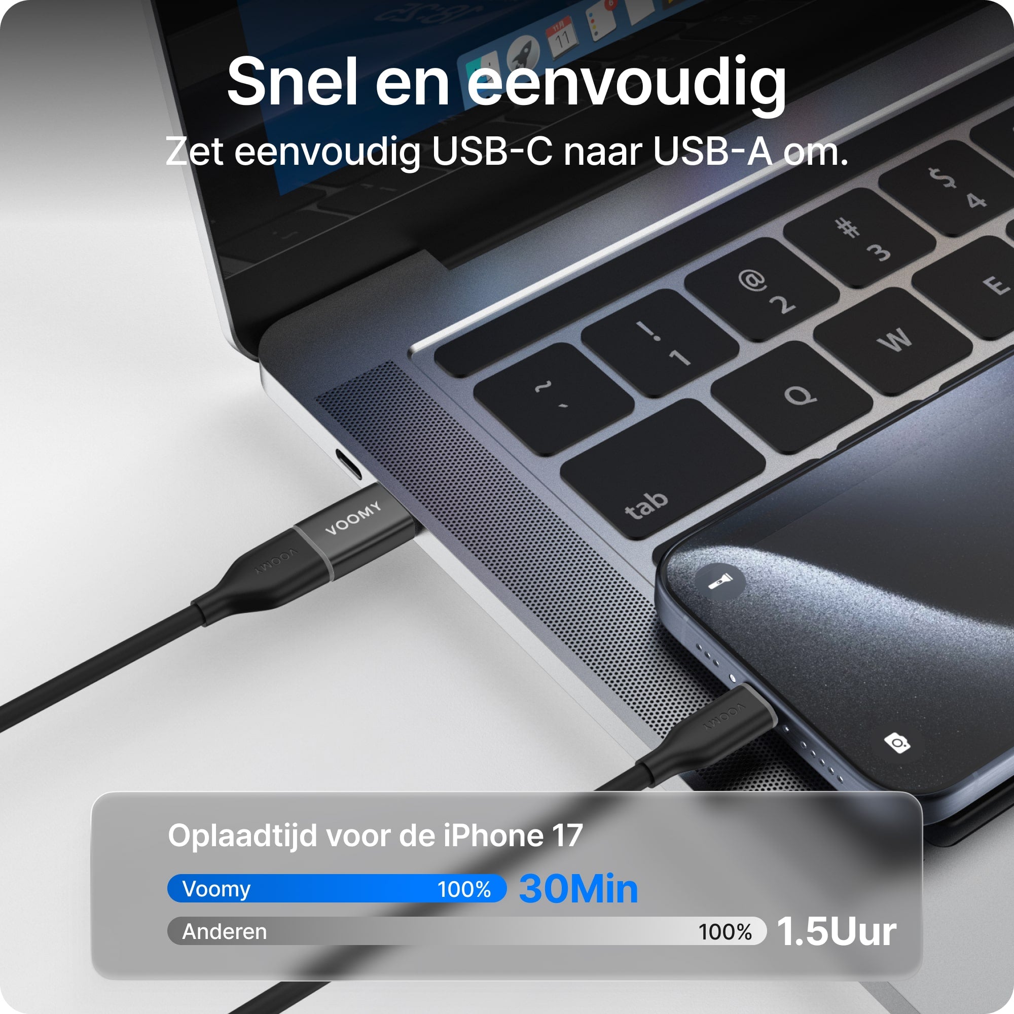 Voomy Connect H101 - USB-A naar USB-C Adapter – 3 stuks – Space Grey