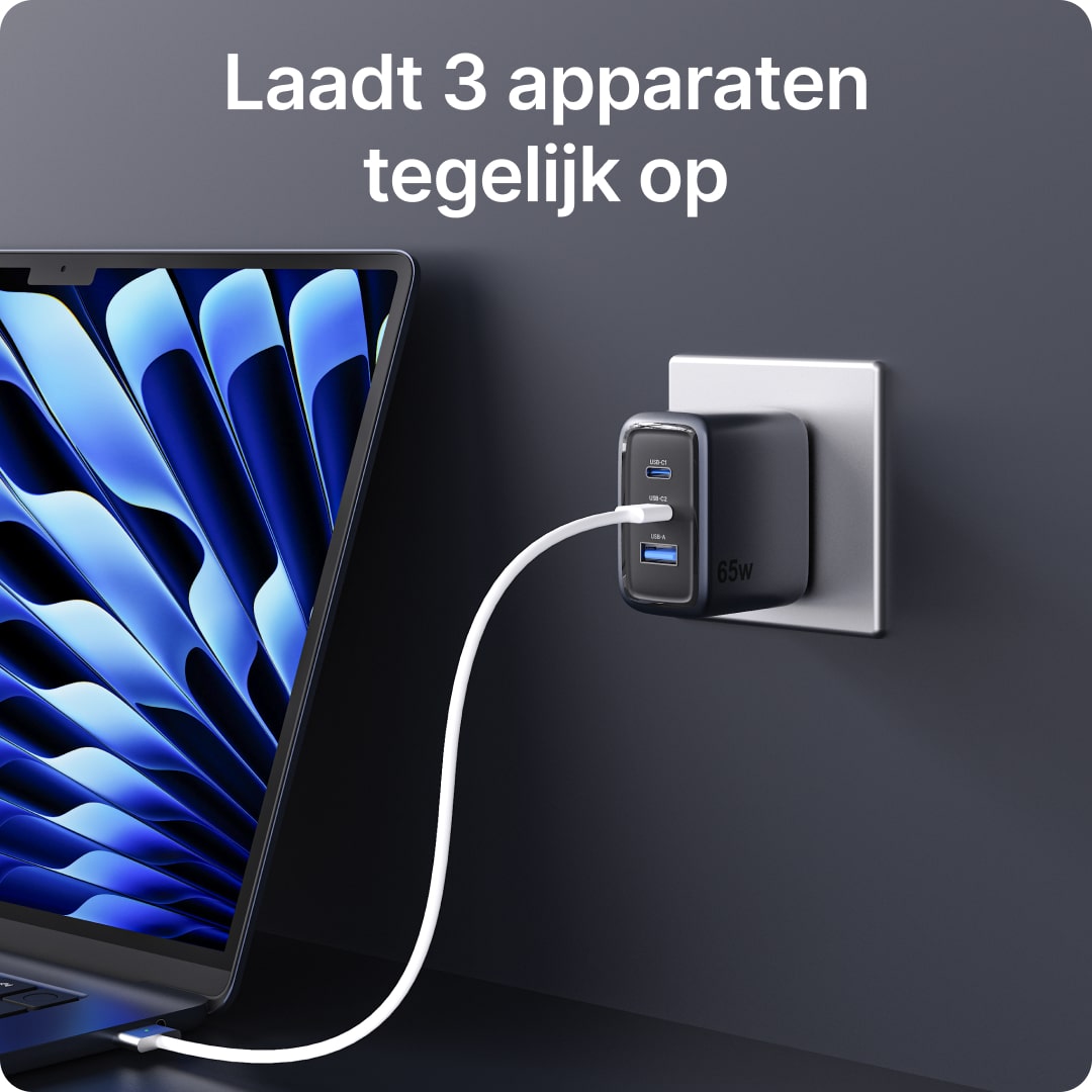 Voomy Charge M665 - 65W Snellader - 3-in-1 Oplader met 2 USB-C & 1 USB-A - Space Blue