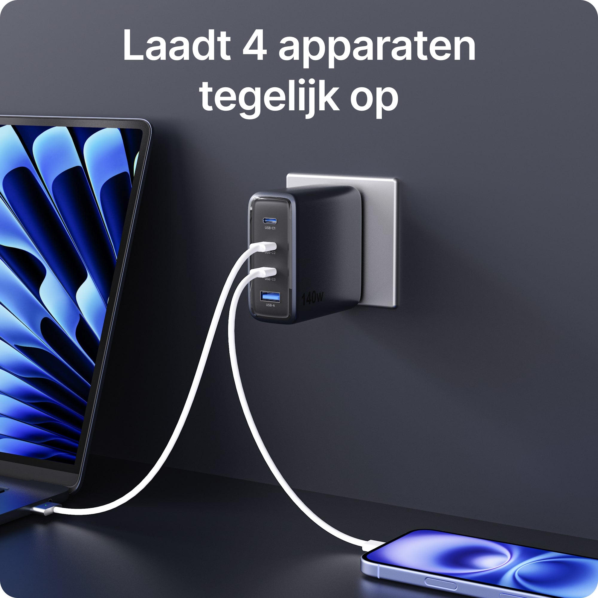 Voomy Charge M6140 - 140W GaN Snellader - 4-in-1 Laptop oplader met 3 USB-C & 1 USB-A - Space Blue