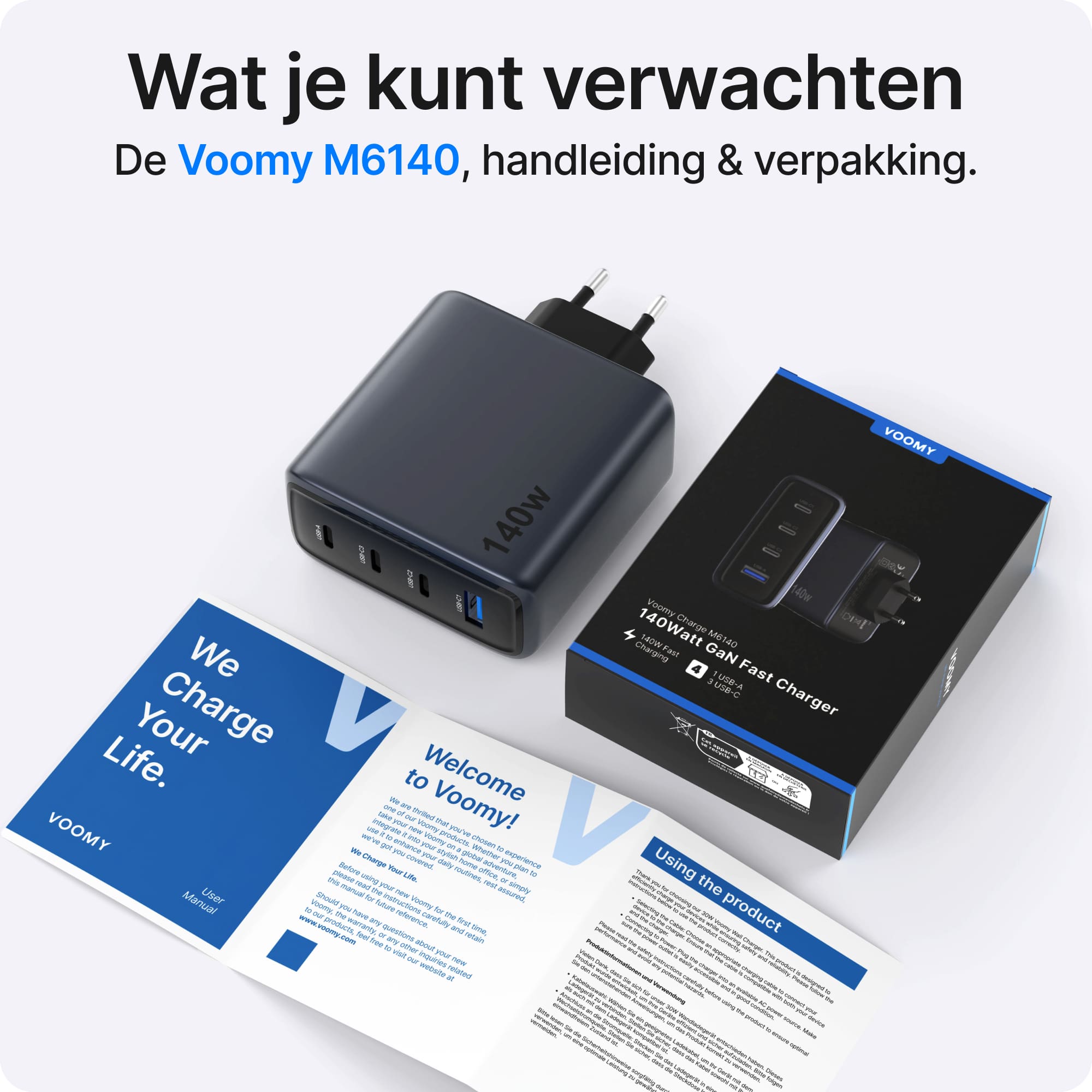 Voomy Charge M6140 - 140W GaN Snellader - 4-in-1 Laptop oplader met 3 USB-C & 1 USB-A - Space Blue