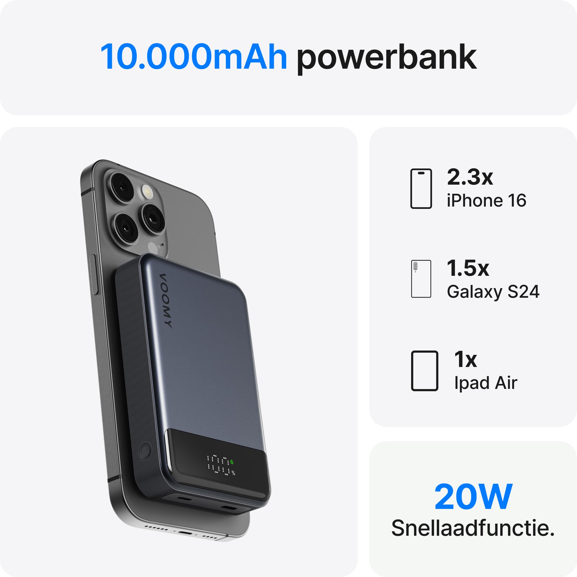 Voomy Charge P611 - MagSafe Powerbank - 10.000 mAh - 22.5W - Led Display