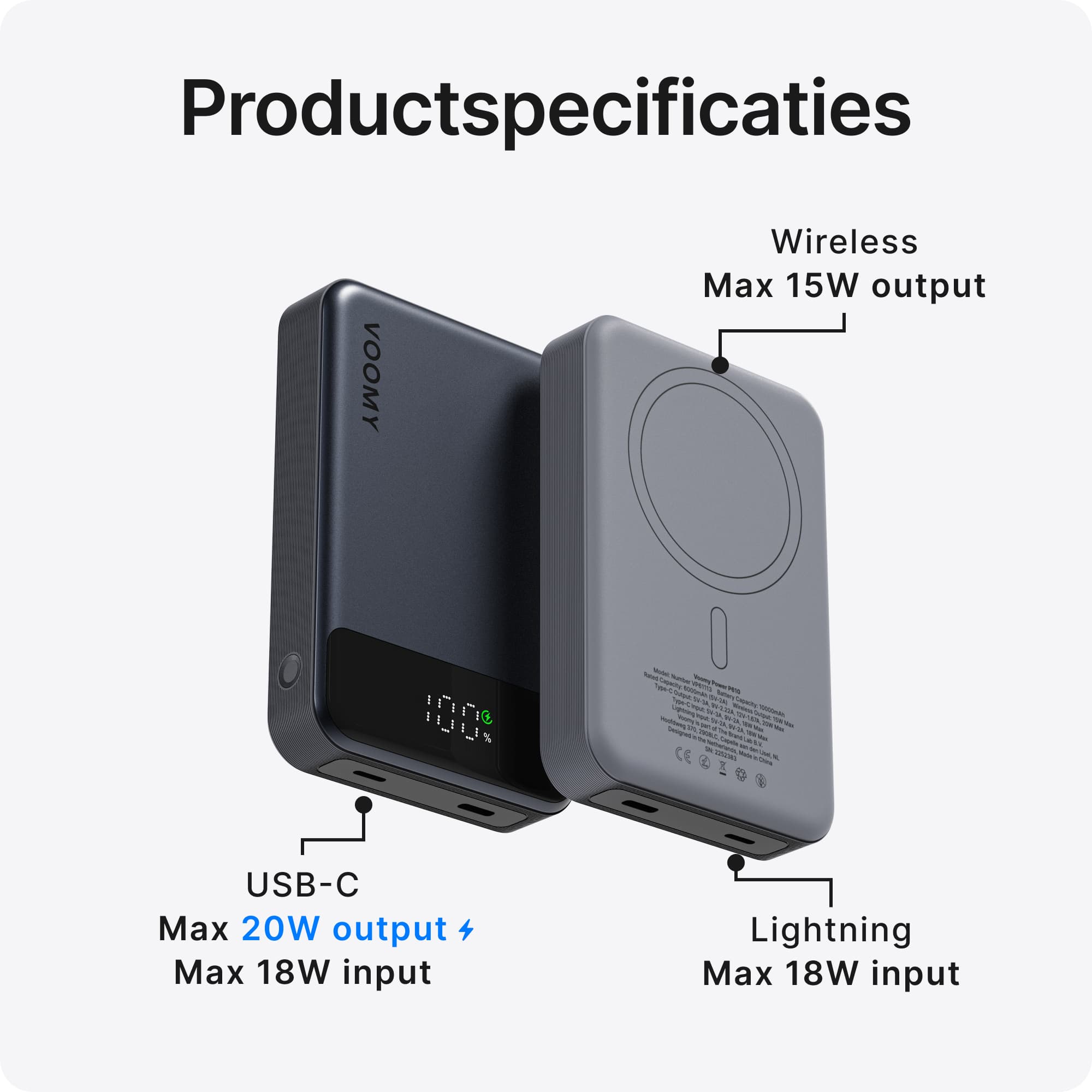 Voomy Charge P611 - MagSafe Powerbank - 10.000 mAh - 22.5W - Led Display