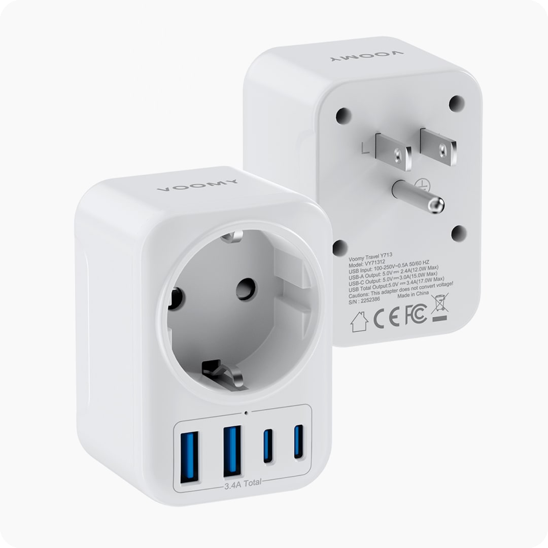 Voomy Travel Y713 - Reisstekker Type B – Geschikt voor Amerika/USA, Canada, Japan, Mexico – 2x USB-C & 2x USB-A – 3750W – Wit