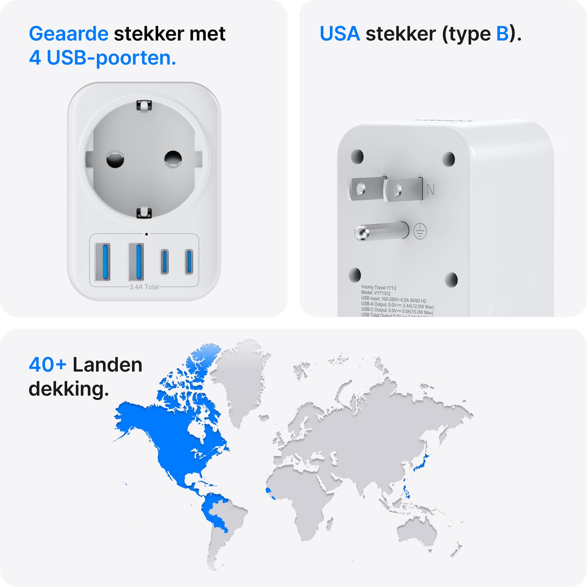 Voomy Travel Y713 - Reisstekker Type B – Geschikt voor Amerika/USA, Canada, Japan, Mexico – 2x USB-C & 2x USB-A – 3750W – Wit
