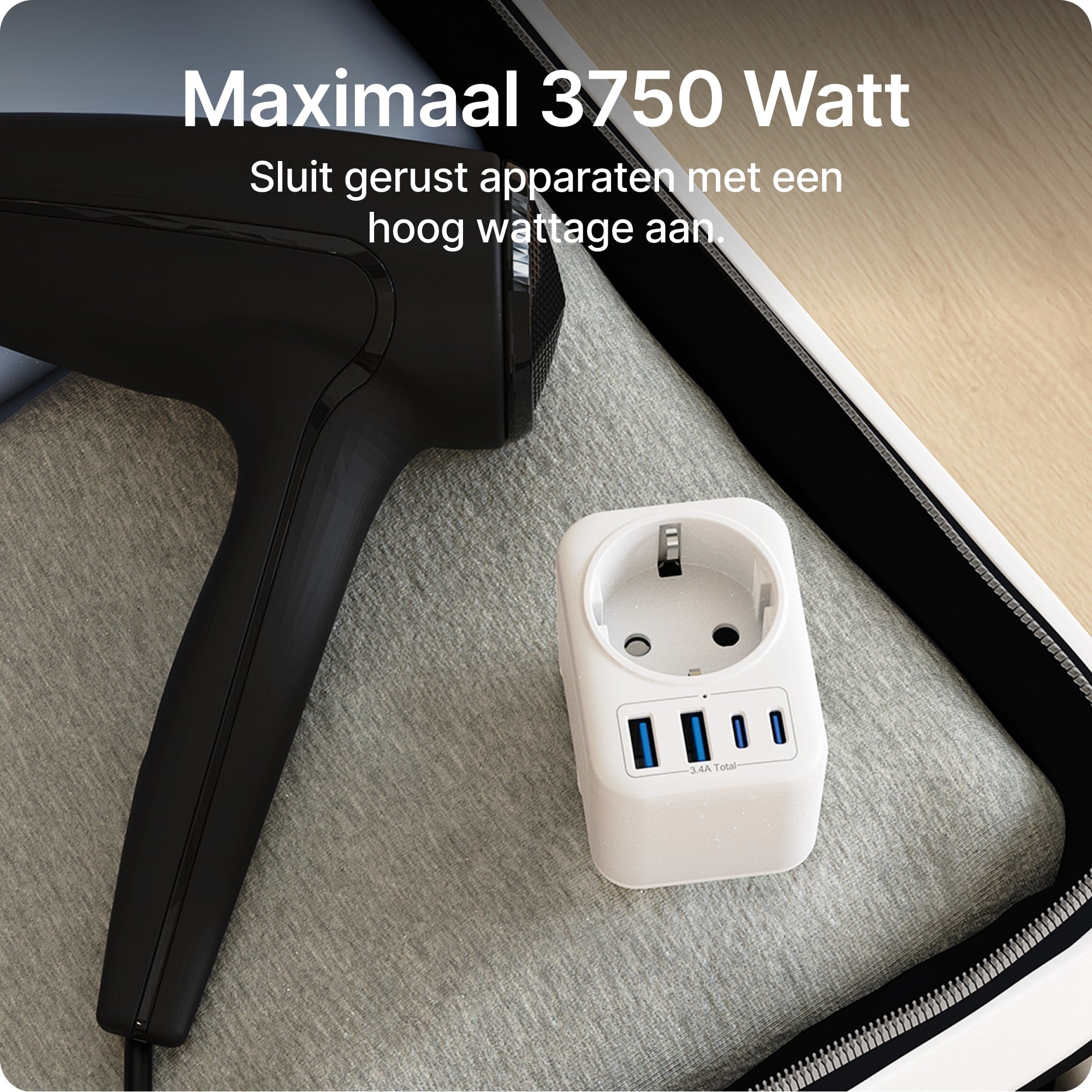 Voomy Travel Y713 - Reisstekker Type B – Geschikt voor Amerika/USA, Canada, Japan, Mexico – 2x USB-C & 2x USB-A – 3750W – Wit