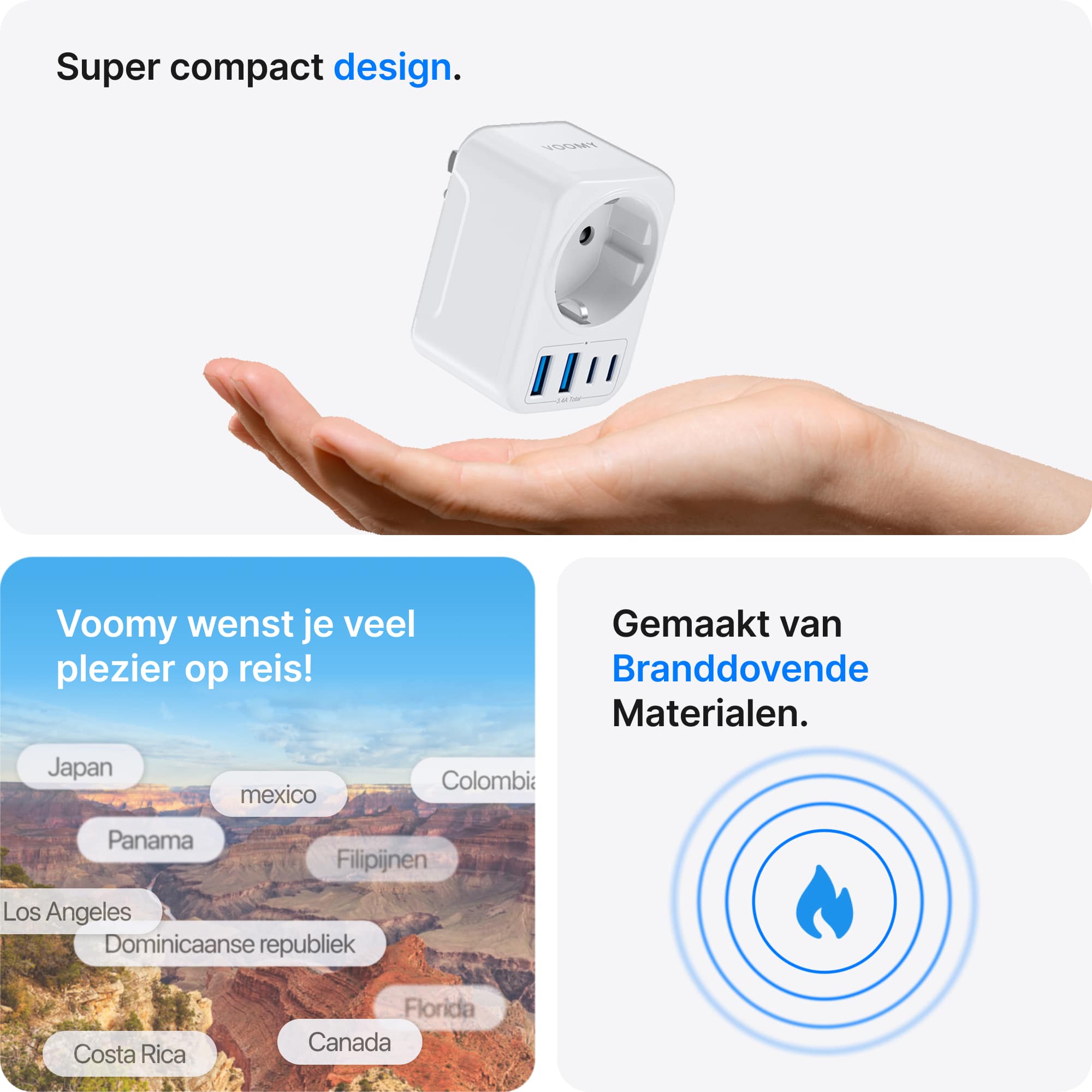 Voomy Travel Y713 - Reisstekker Type B – Geschikt voor Amerika/USA, Canada, Japan, Mexico – 2x USB-C & 2x USB-A – 3750W – Wit