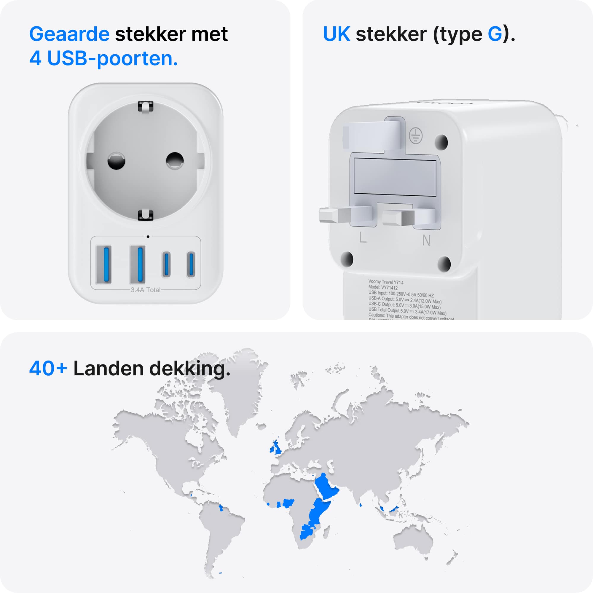 Voomy Travel Y714 - Reisstekker Type G - Geschikt voor Engeland/UK, Ierland, Singapore, Hong Kong - 2x USB-C & 2x USB-A - 3750W - Wit