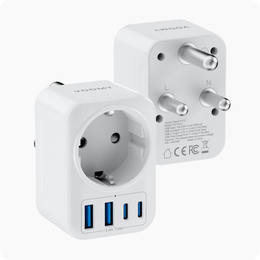 Voomy Travel Y712 - Reisstekker Type M - Geschikt voor Zuid-Afrika, Maleisië, Sri Lanka, Singapore - 2x USB-C & 2x USB-A - 3750W - Wit