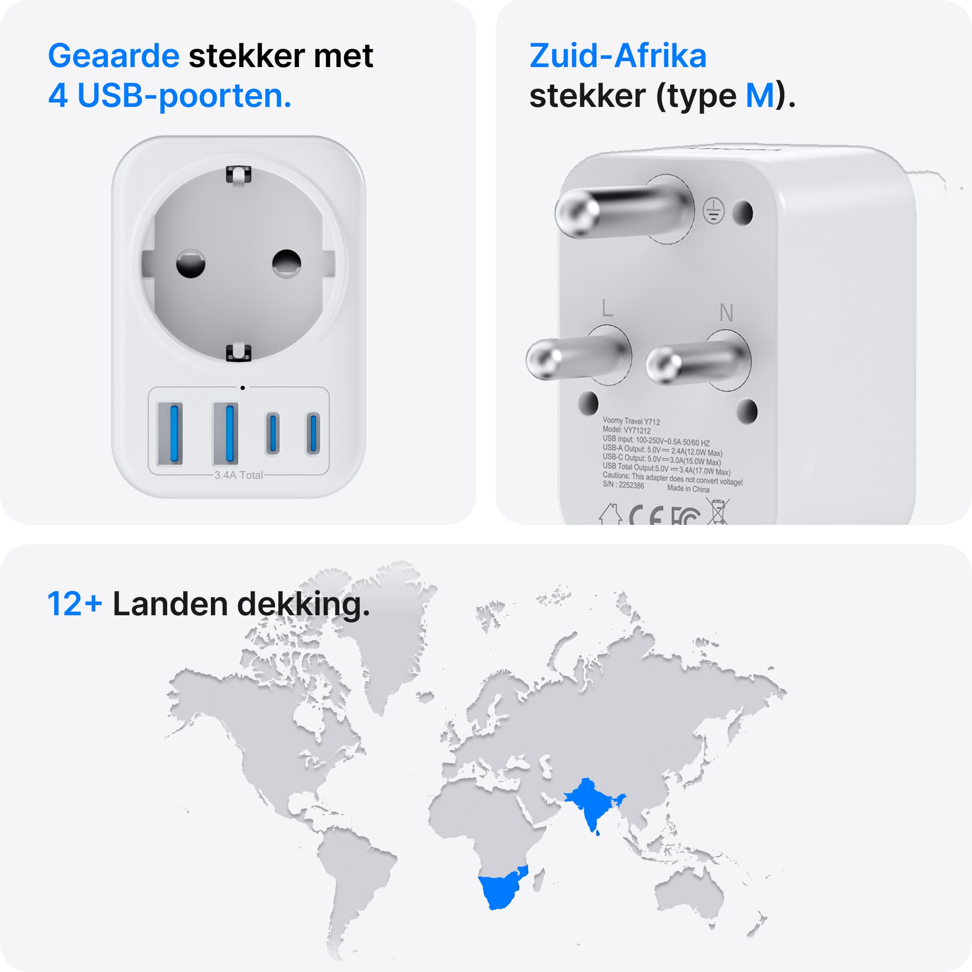Voomy Travel Y712 - Reisstekker Type M - Geschikt voor Zuid-Afrika, Maleisië, Sri Lanka, Singapore - 2x USB-C & 2x USB-A - 3750W - Wit