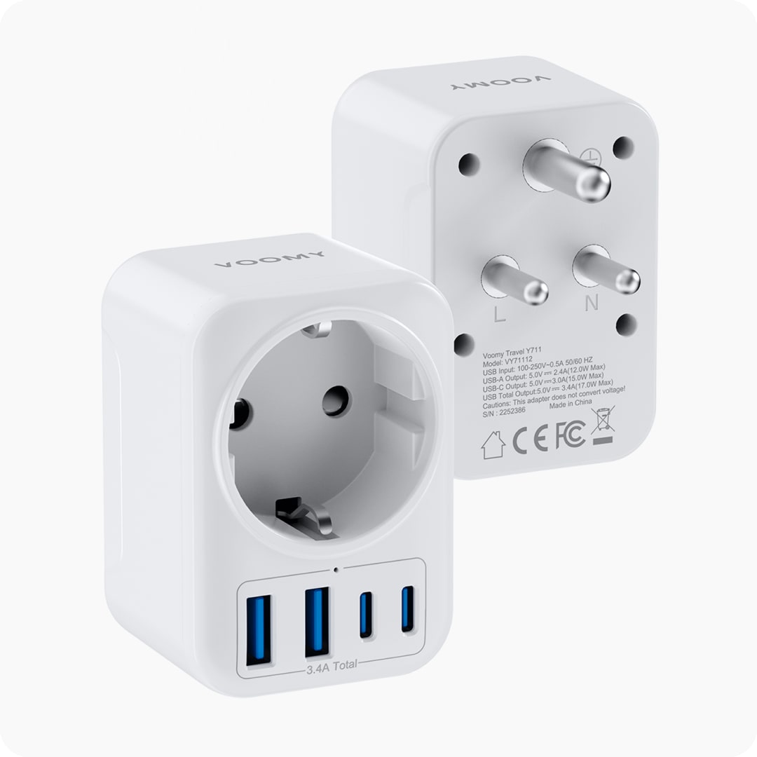 Voomy Travel Y711 - Reisstekker Type D - Geschikt voor India, Sri Lanka, Pakistan, Nepal - 2x USB-C & 2x USB-A - 3750W - Wit