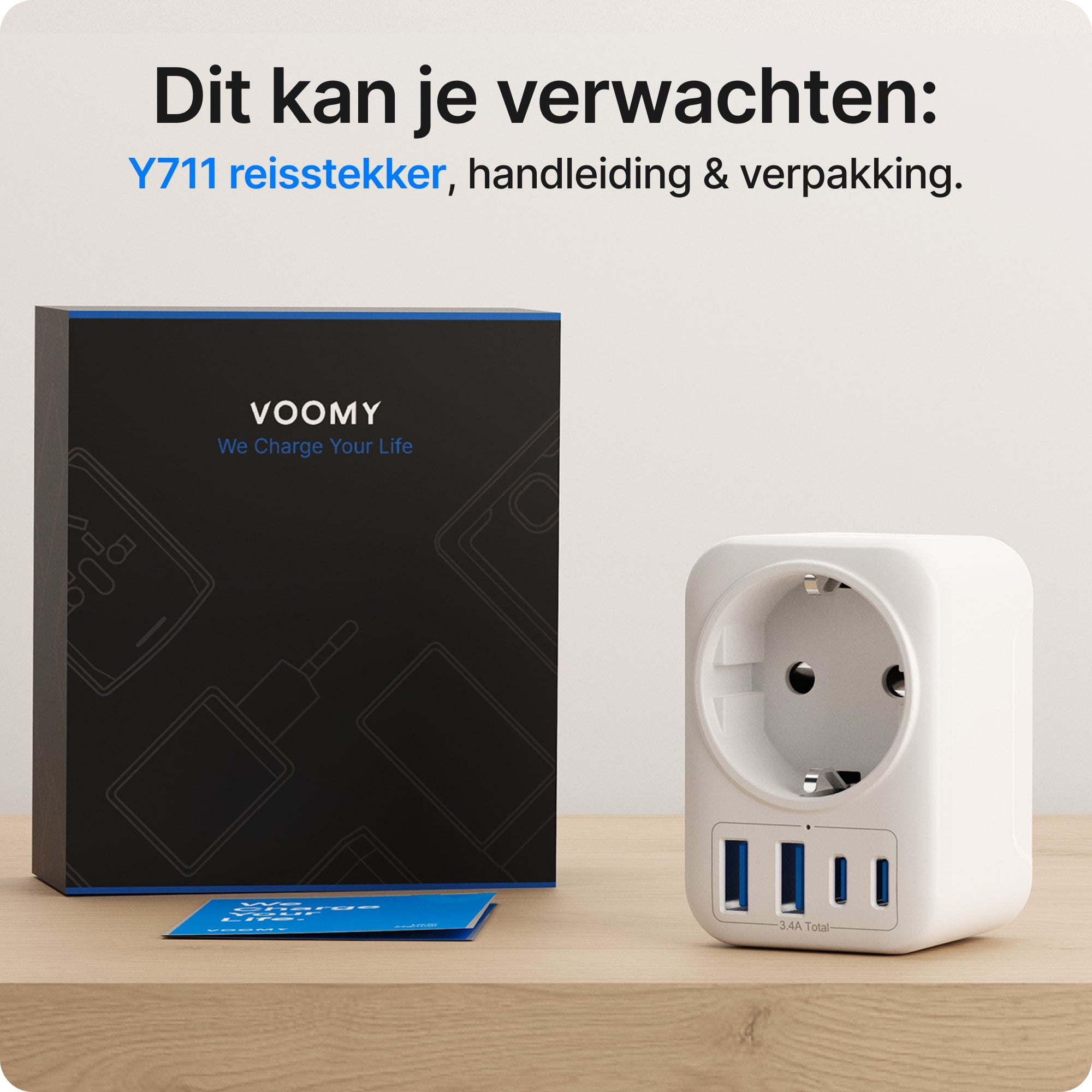 Voomy Travel Y711 - Reisstekker Type D - Geschikt voor India, Sri Lanka, Pakistan, Nepal - 2x USB-C & 2x USB-A - 3750W - Wit