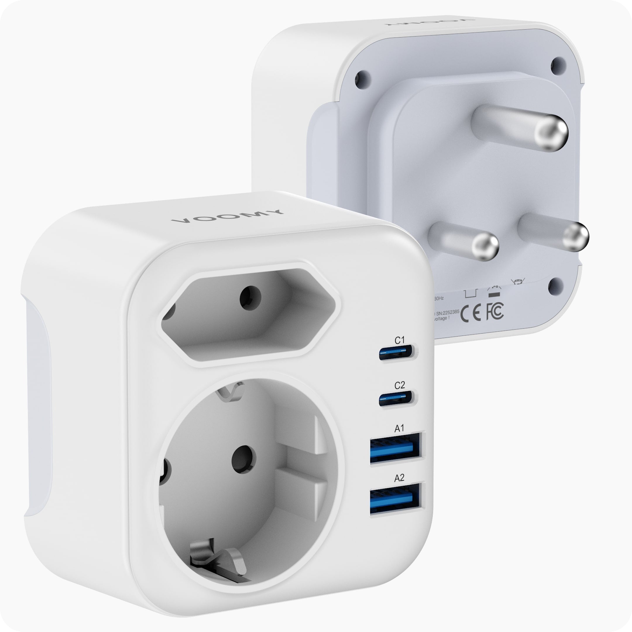 Voomy Travel Y722 – 6-in-1 reisstekker Type M voor Zuid-Afrika – USB-C, USB-A en 2 stopcontacten – Wit