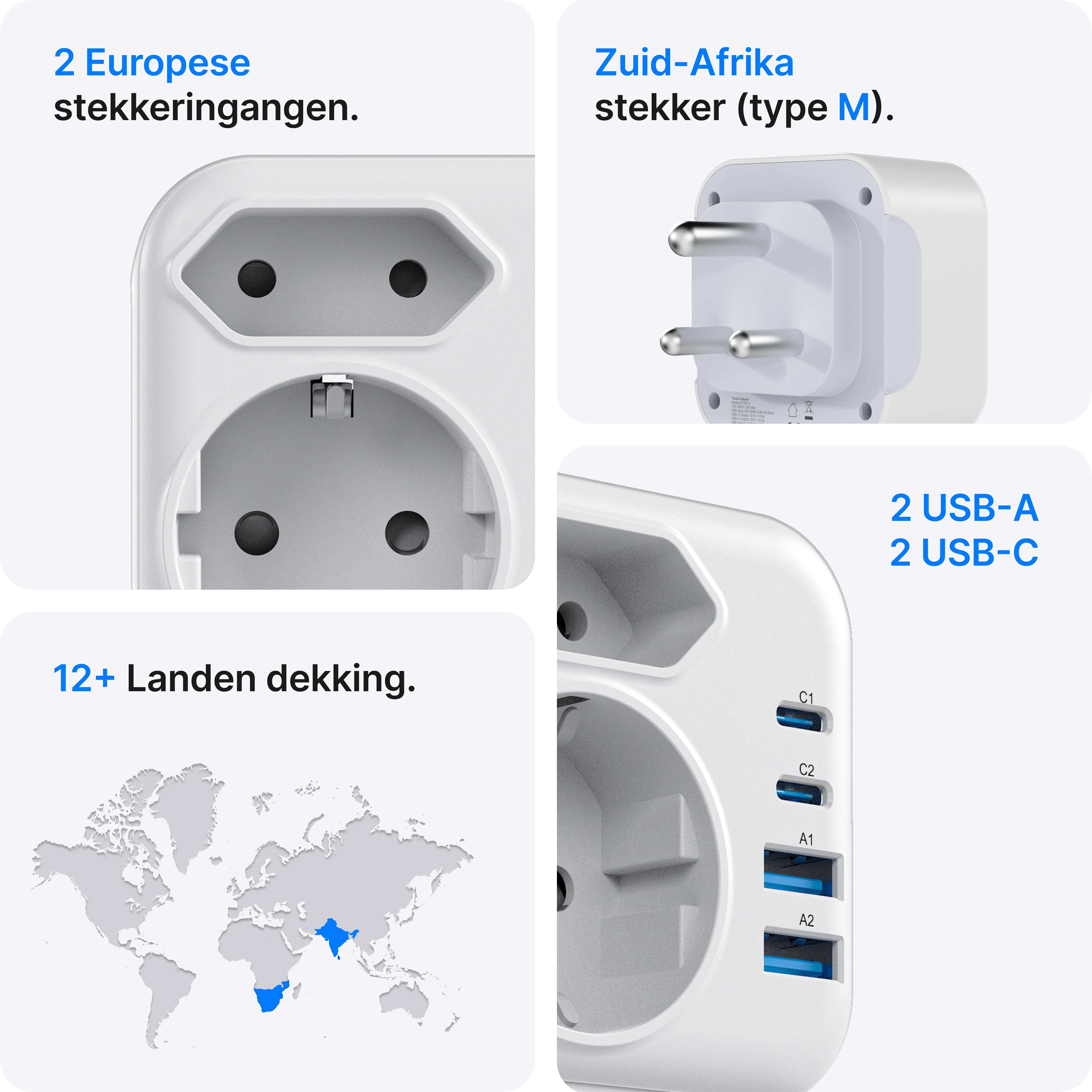 Voomy Travel Y722 – 6-in-1 reisstekker Type M voor Zuid-Afrika – USB-C, USB-A en 2 stopcontacten – Wit