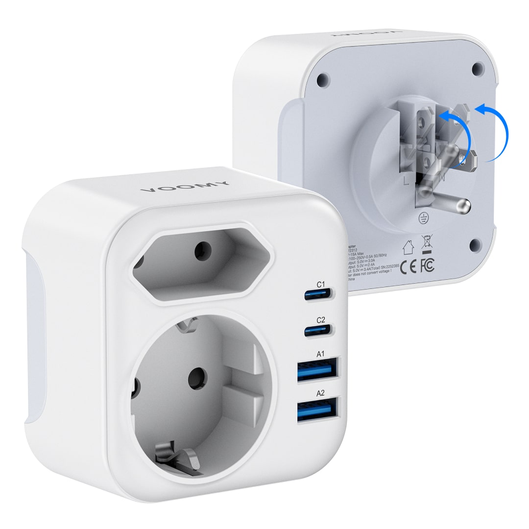 Voomy Travel Y723 - 6-in-1 reisstekker Type B voor Amerika - USB-C, USB-A en 2 stopcontacten - Wit