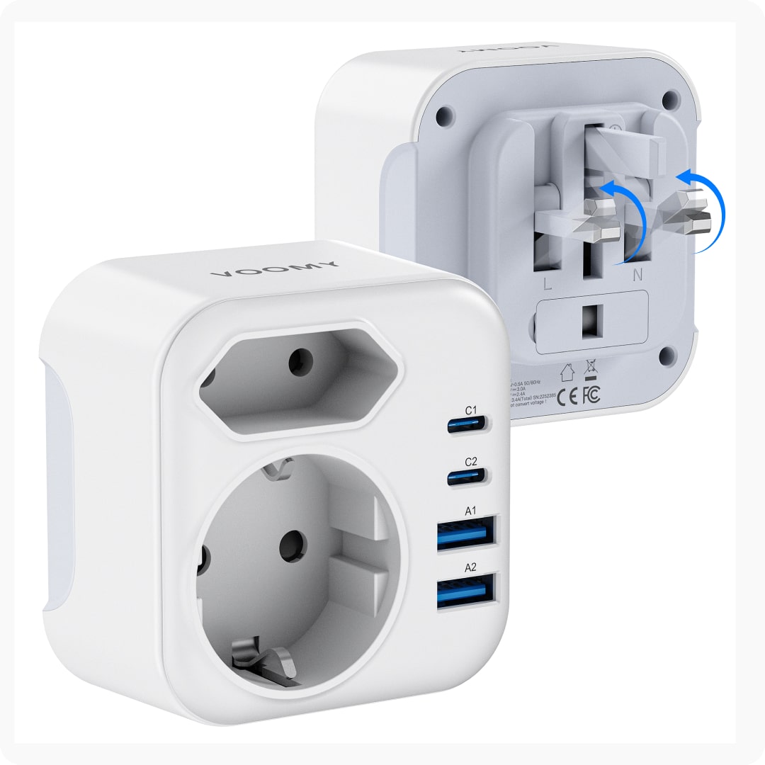 Voomy Travel Y724 - 6-in-1 reisstekker Type G voor Engeland - USB-C, USB-A en 2 stopcontacten - Wit