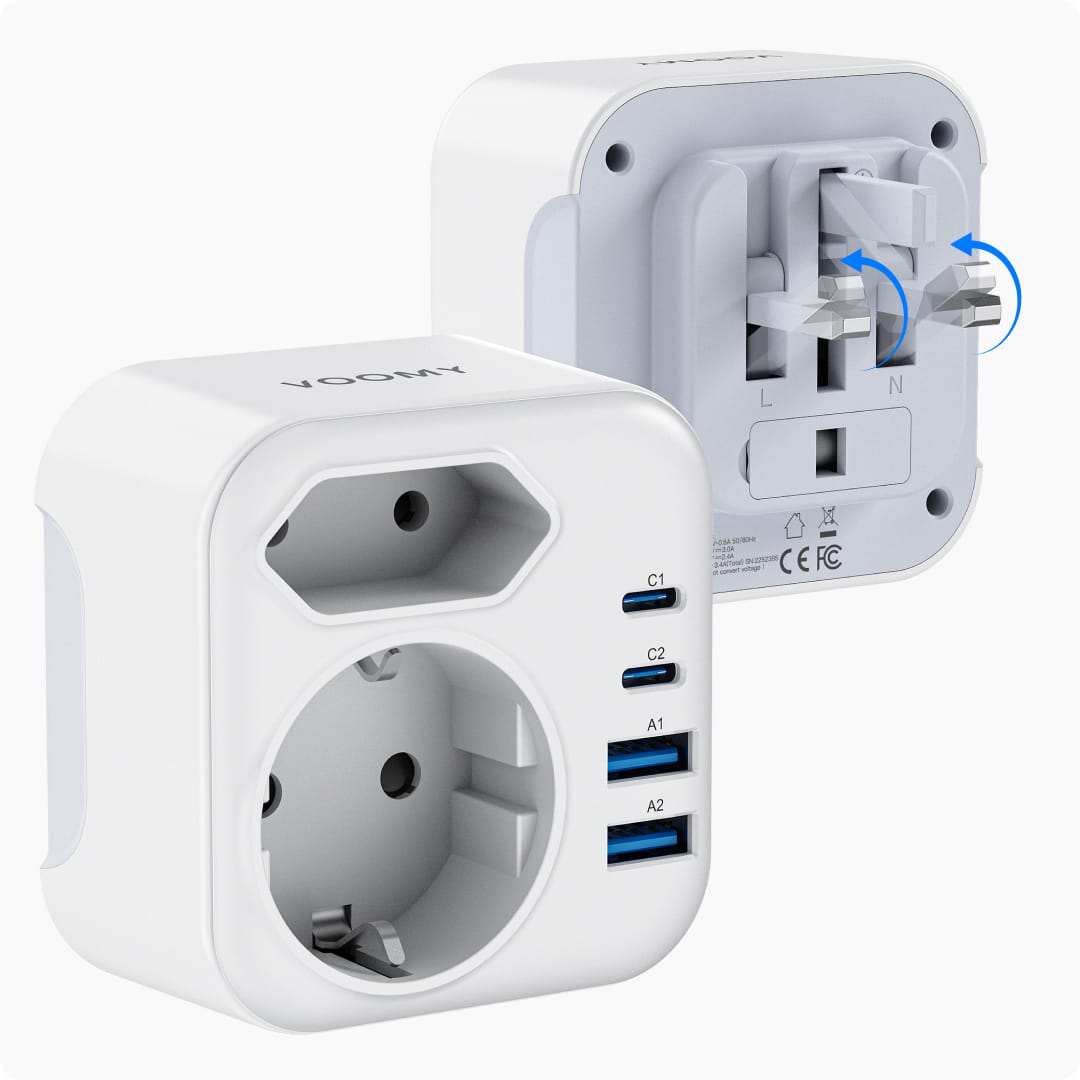 Voomy Travel Y724 - 6-in-1 reisstekker Type G voor Engeland - USB-C, USB-A en 2 stopcontacten - Wit