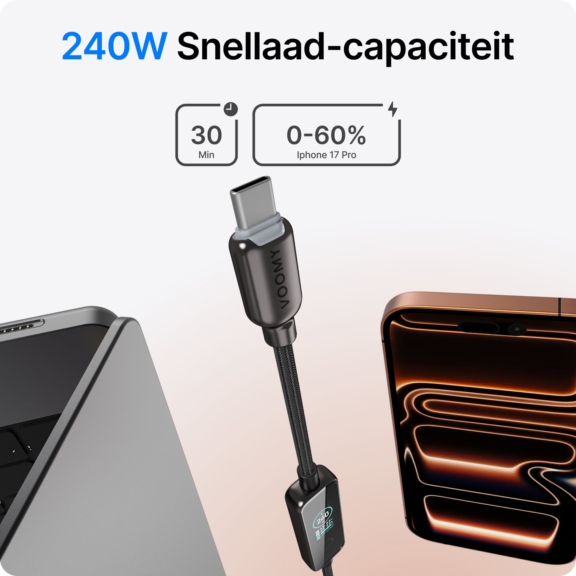 Voomy Connect C241 - 240W USB-C kabel met Digitale LED-Display - 240W snelladen - 480Mbps data overdracht - 1.2M - Zwart
