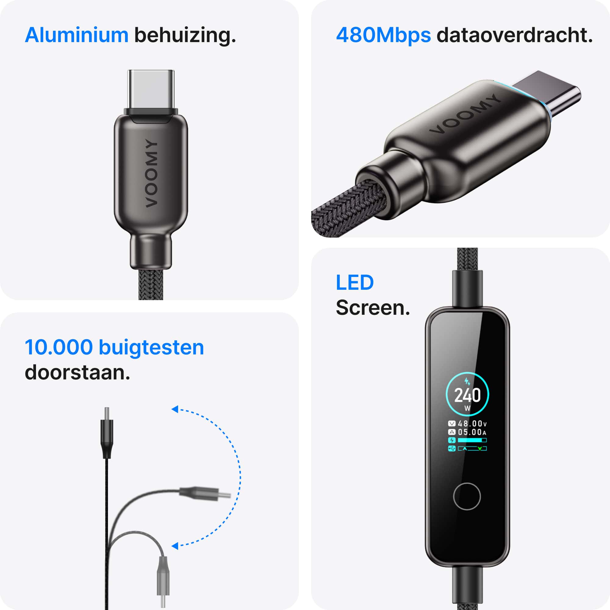 Voomy Connect C241 - 240W USB-C kabel met Digitale LED-Display - 240W snelladen - 480Mbps data overdracht - 1.2M - Zwart