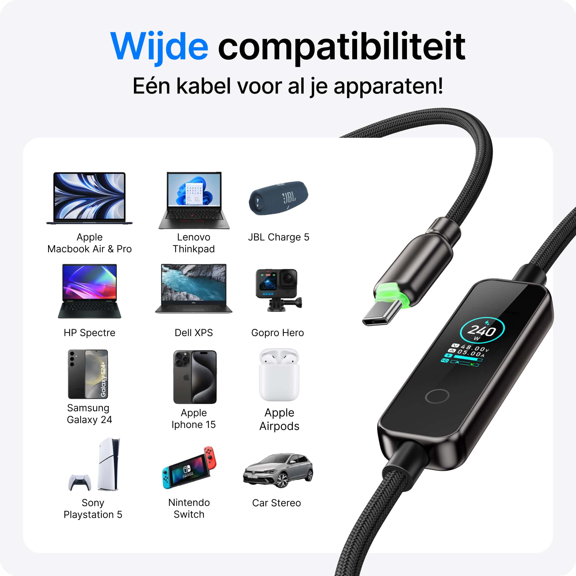 Voomy Connect C241 - 240W USB-C kabel met Digitale LED-Display - 240W snelladen - 480Mbps data overdracht - 1.2M - Zwart