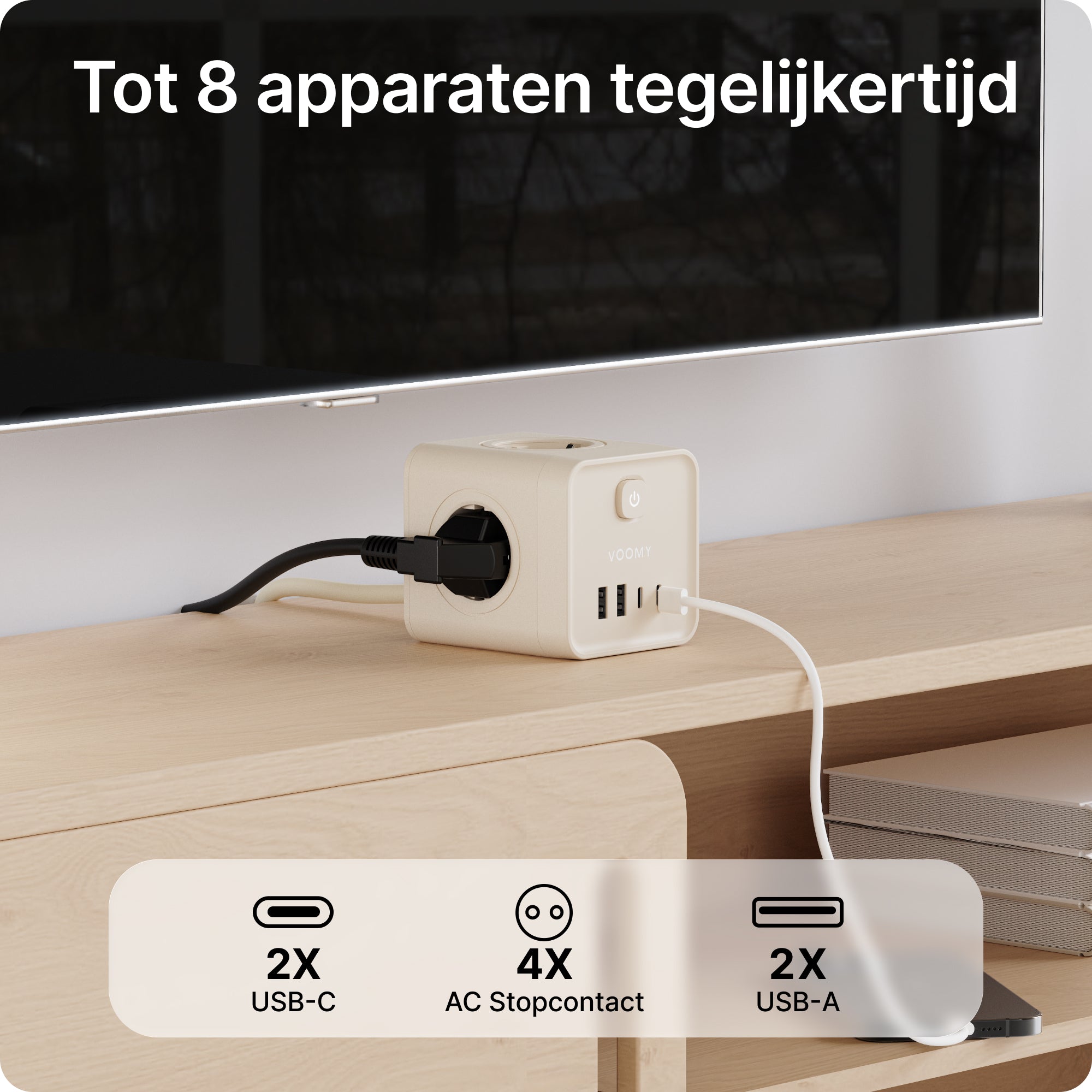Voomy Power Cube S7 - Stekkerdoos met 4 stopcontact, 2 USB-C (20W) & 2 USB-A - 2 Meter - Home stekkerdoos - Beige