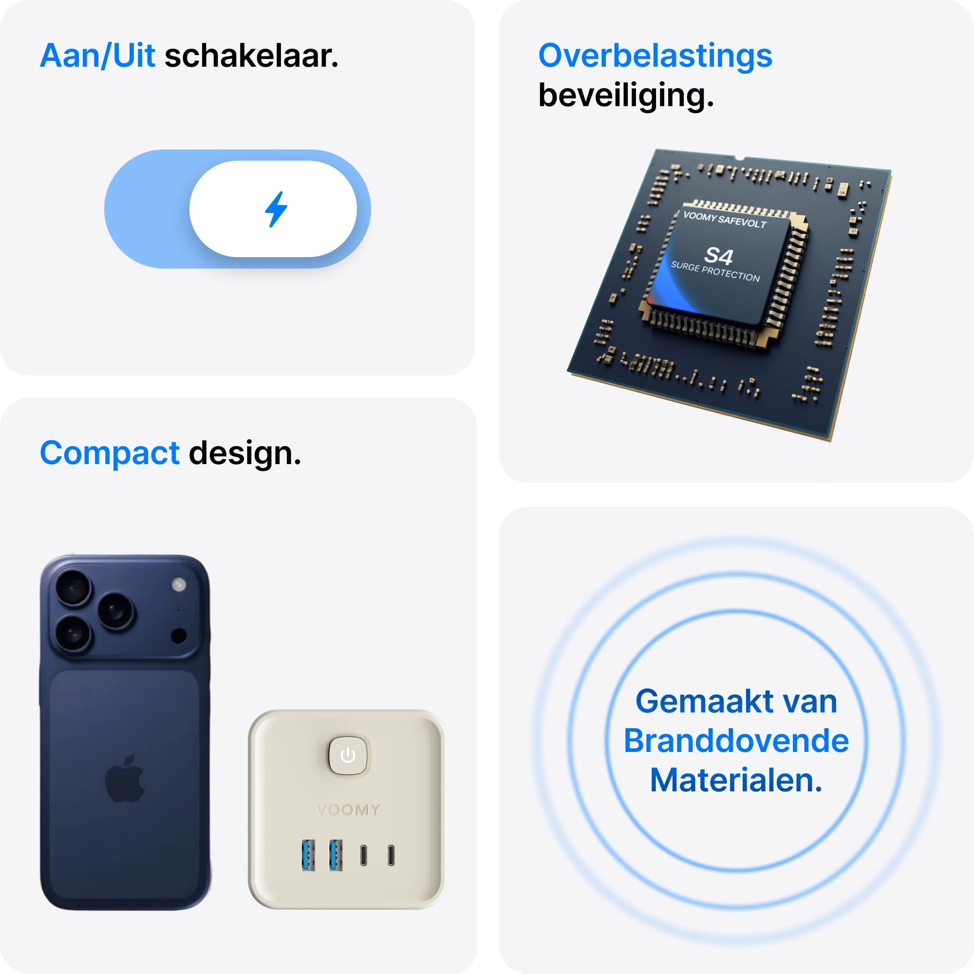 Voomy Power Cube S7 - Stekkerdoos met 4 stopcontact, 2 USB-C (20W) & 2 USB-A - 2 Meter - Home stekkerdoos - Beige