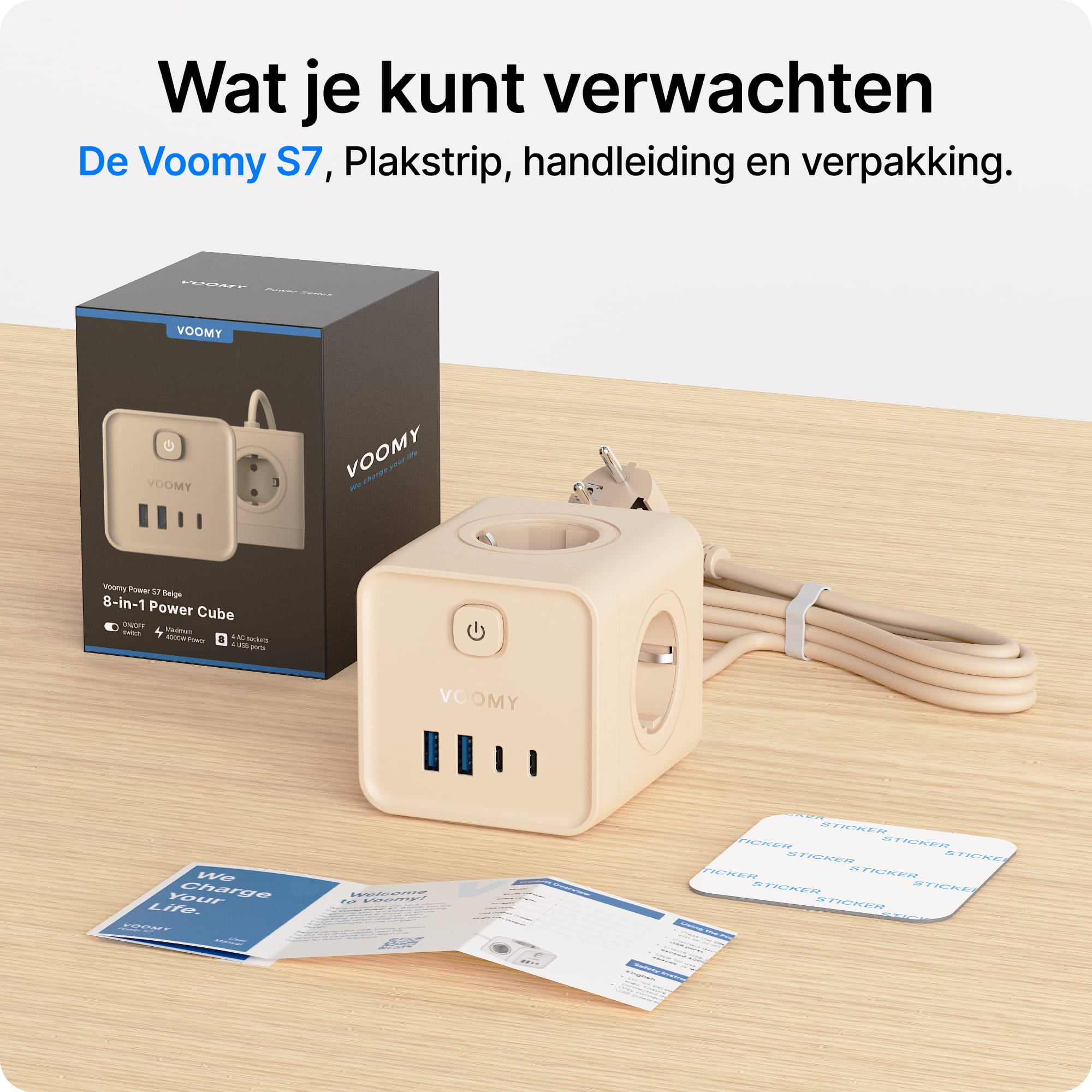 Voomy Power Cube S7 - Stekkerdoos met 4 stopcontact, 2 USB-C (20W) & 2 USB-A - 2 Meter - Home stekkerdoos - Beige