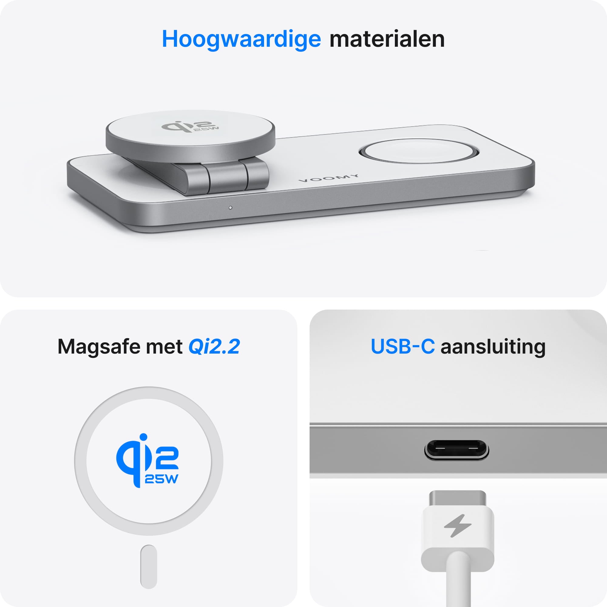 Voomy Wireless W3S Qi2.2 – 3-in-1 Draadloze Oplader 25W – Opvouwbaar – Incl. Adapter – Wit