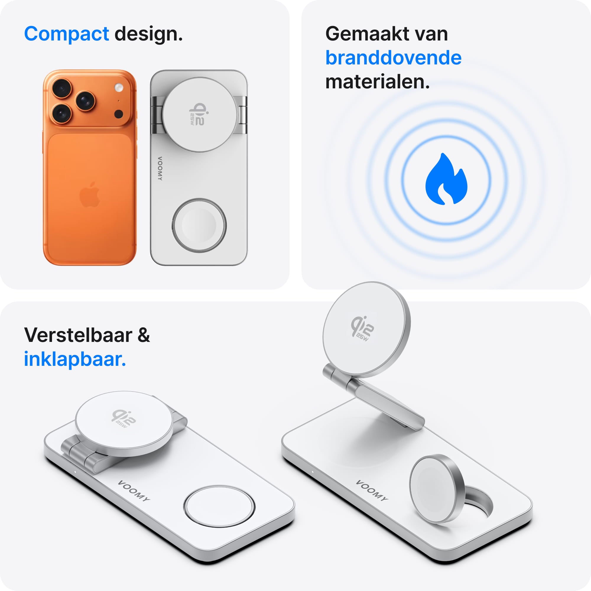 Voomy Wireless W3S Qi2.2 – 3-in-1 Draadloze Oplader 25W – Opvouwbaar – Incl. Adapter – Wit