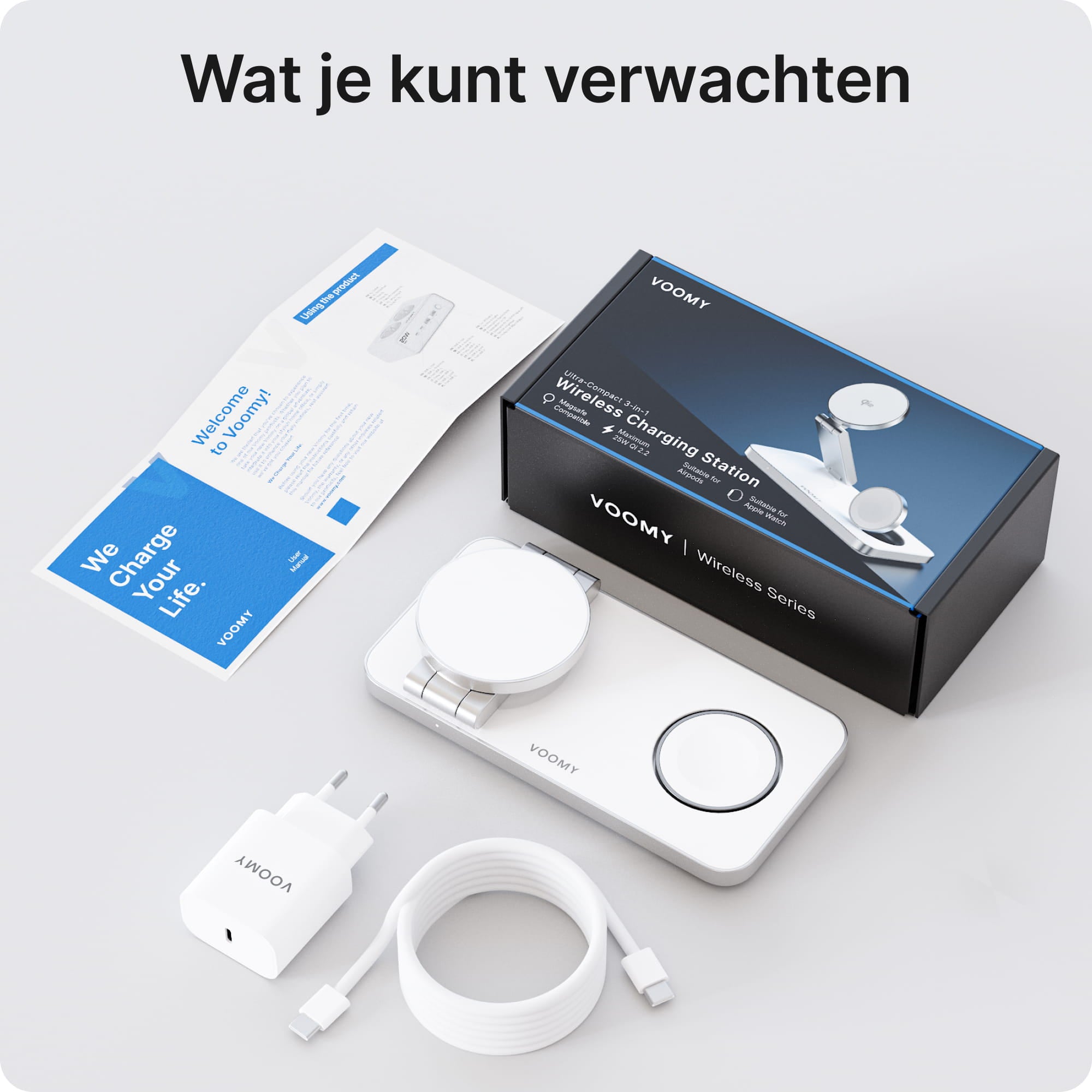 Voomy Wireless W3S Qi2.2 – 3-in-1 Draadloze Oplader 25W – Opvouwbaar – Incl. Adapter – Wit