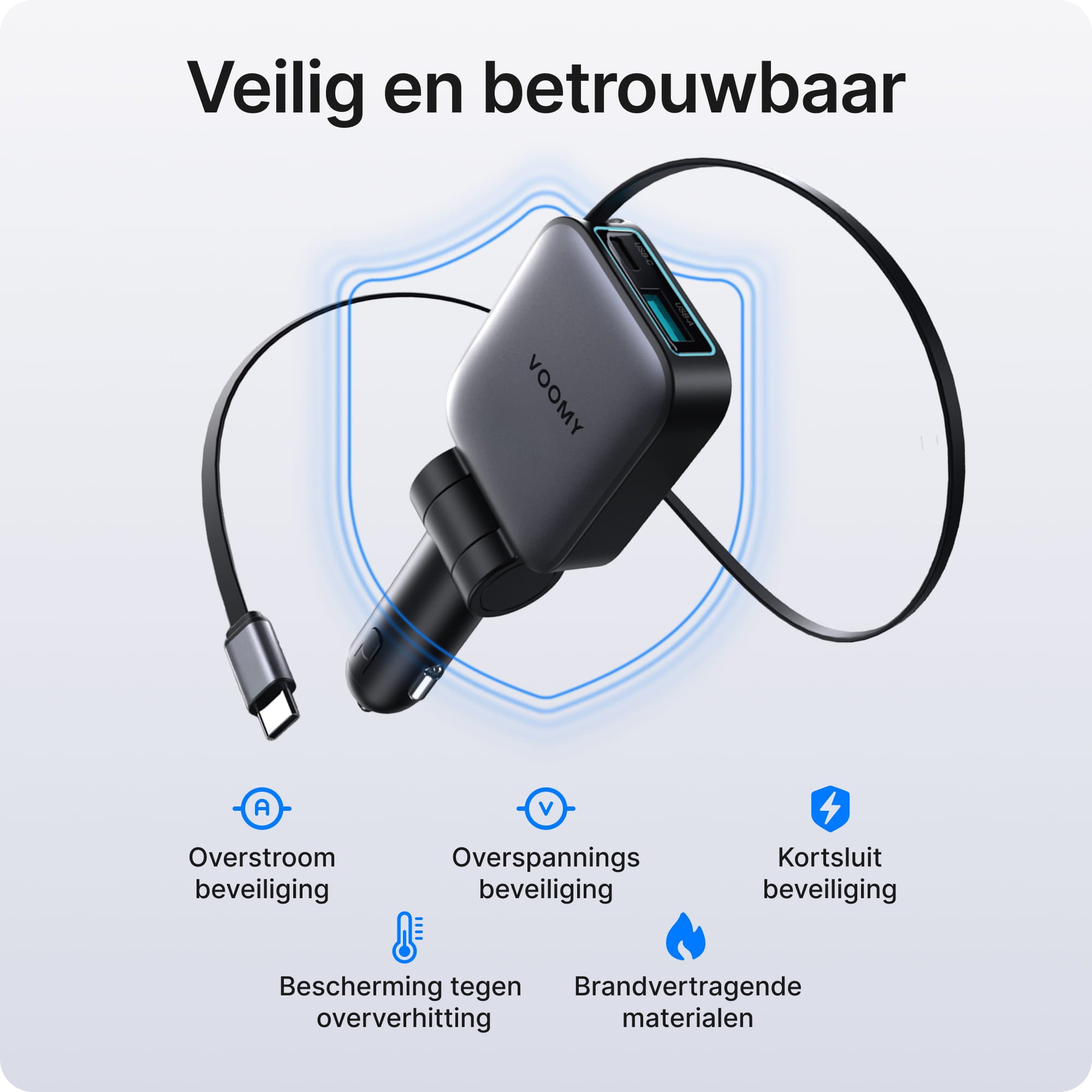 Voomy Charge A1 - 3-in-1 Autolader 72W - 1 ingebouwde USB-C kabel