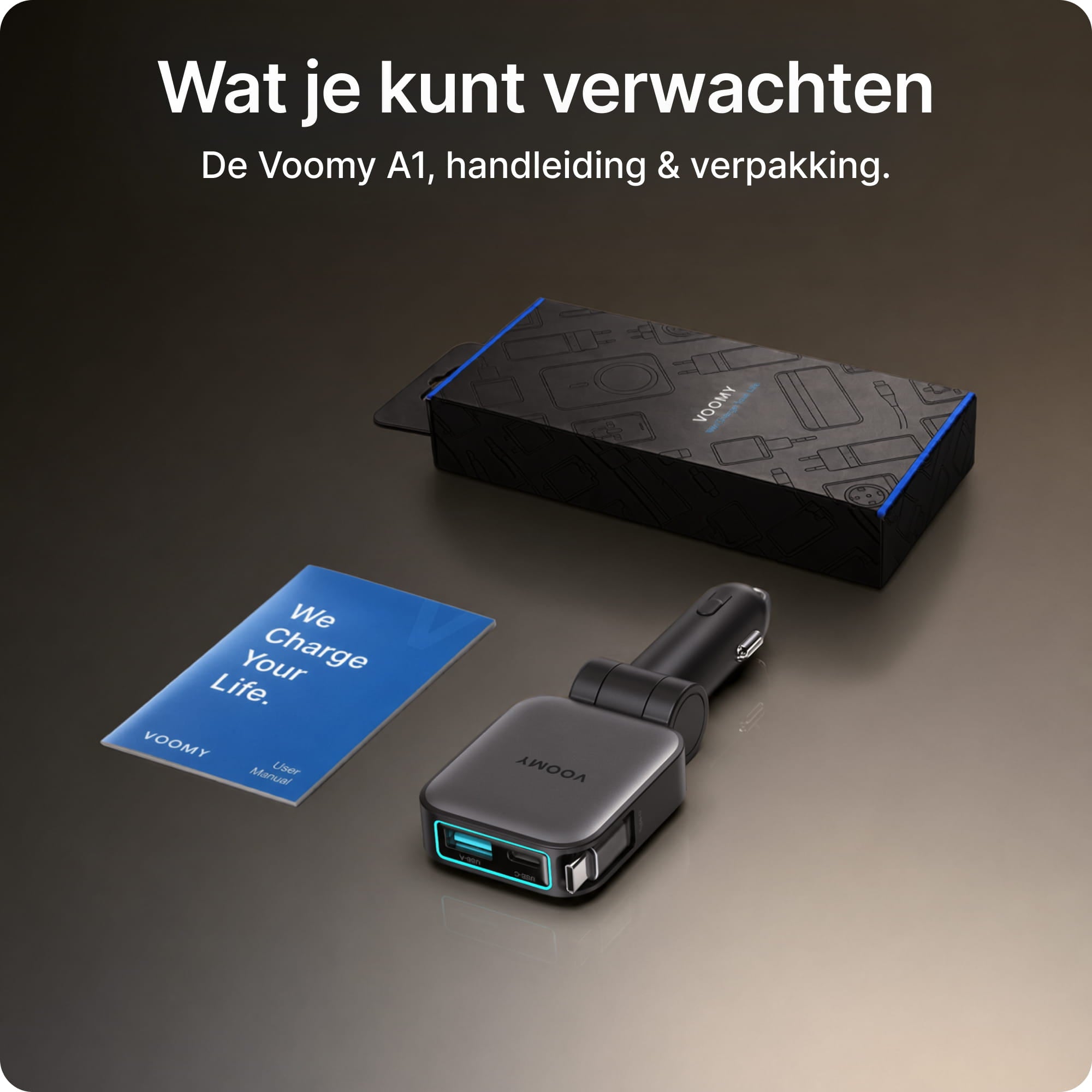 Voomy Charge A1 - 3-in-1 Autolader 72W - 1 ingebouwde USB-C kabel