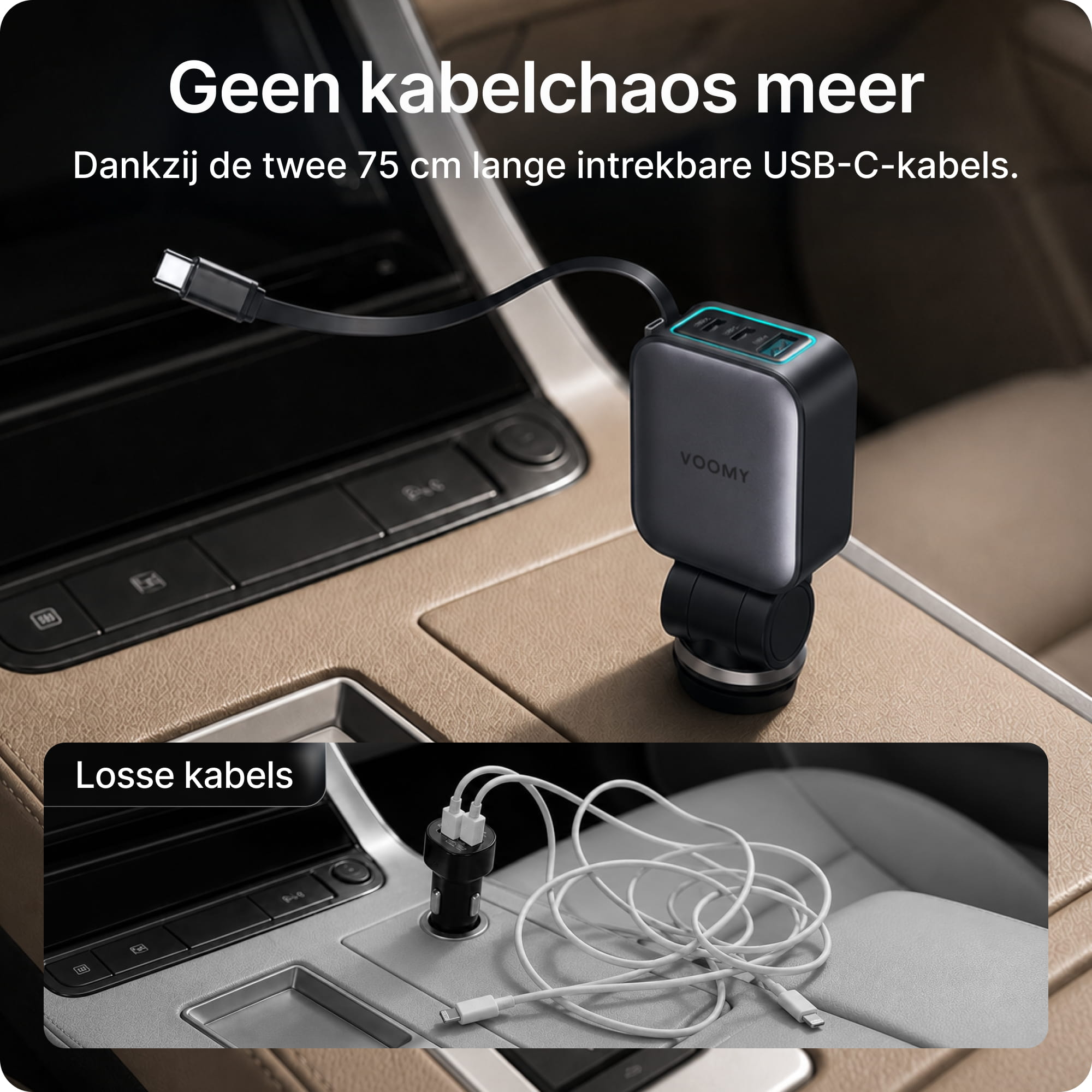 Voomy Charge A2 - 5-in-1 Autolader 102W - 2 ingebouwde USB-C kabels