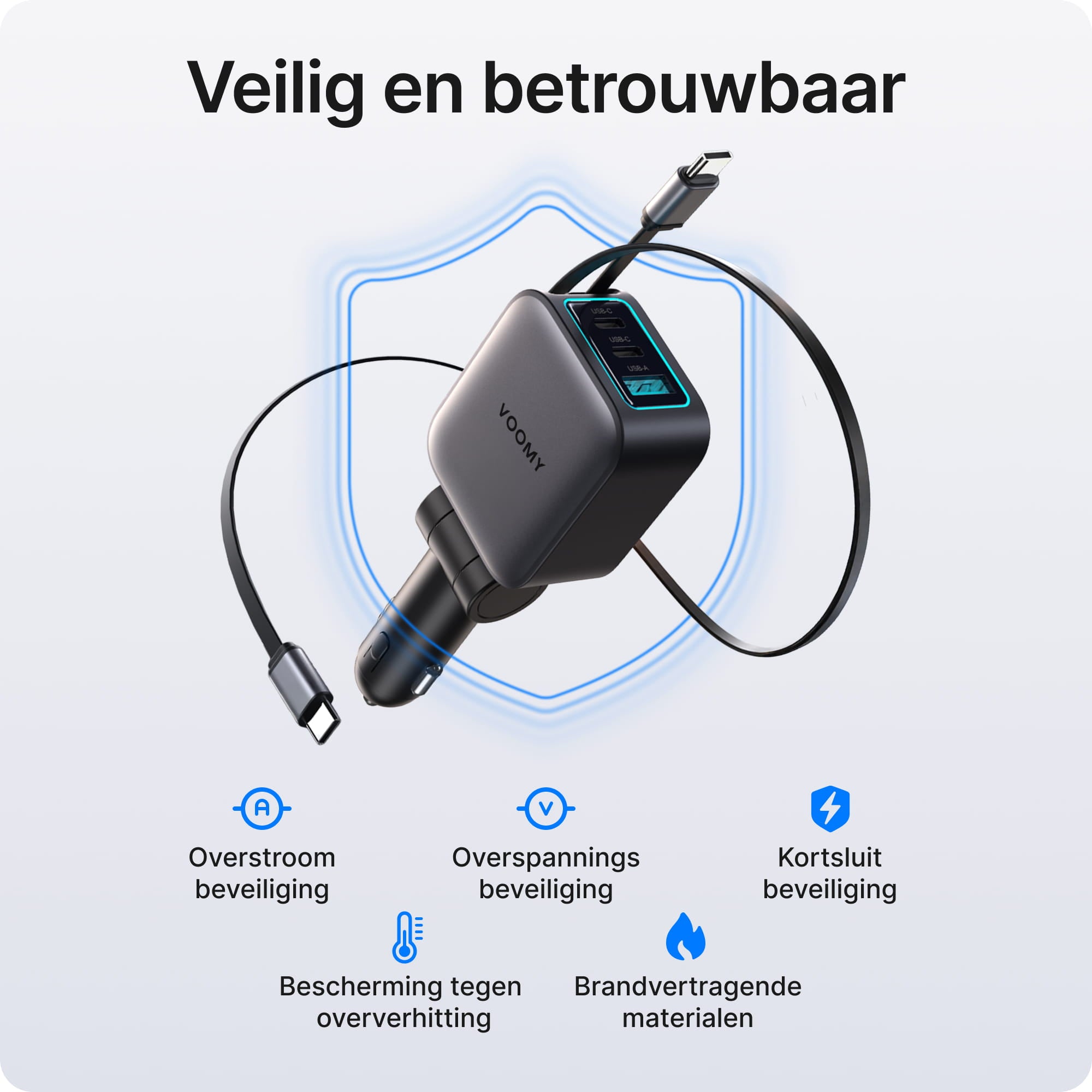 Voomy Charge A2 - 5-in-1 Autolader 102W - 2 ingebouwde USB-C kabels
