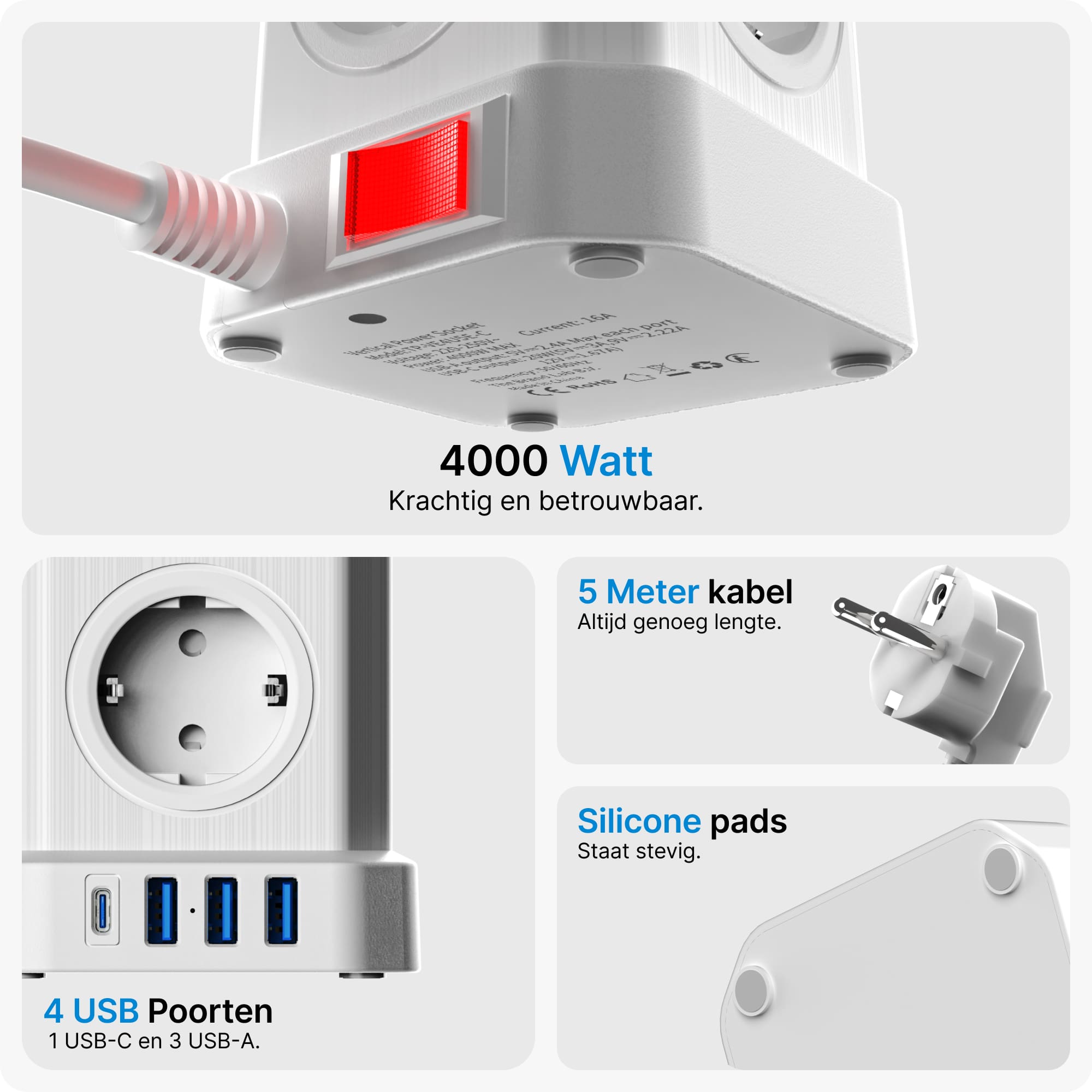 Voomy Power Cube S6 - Stekkerdoos - 5 Meter - 1 USB-C & 3 USB-A 4000W Wit