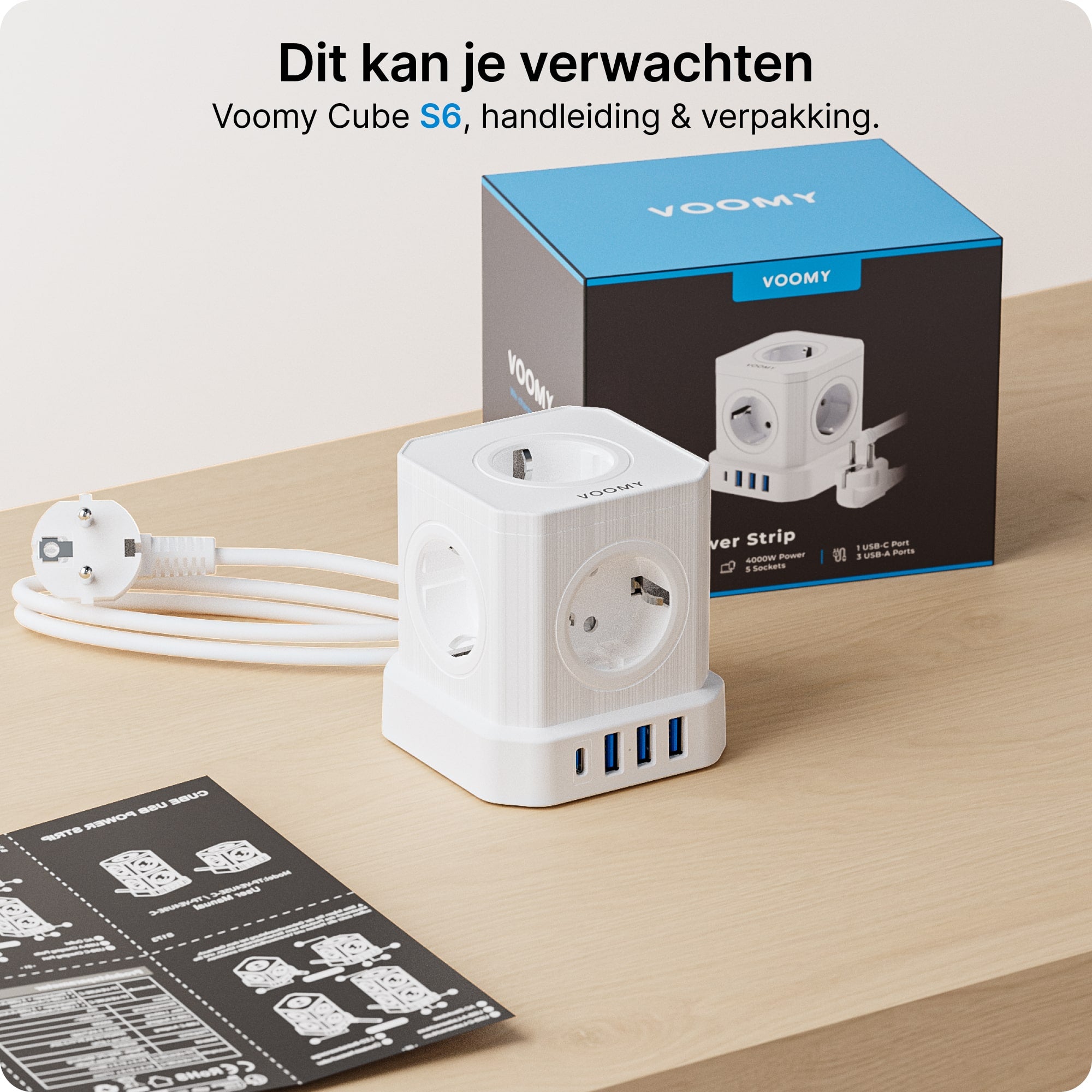 Voomy Power Cube S6 - Stekkerdoos - 5 Meter - 1 USB-C & 3 USB-A 4000W Wit