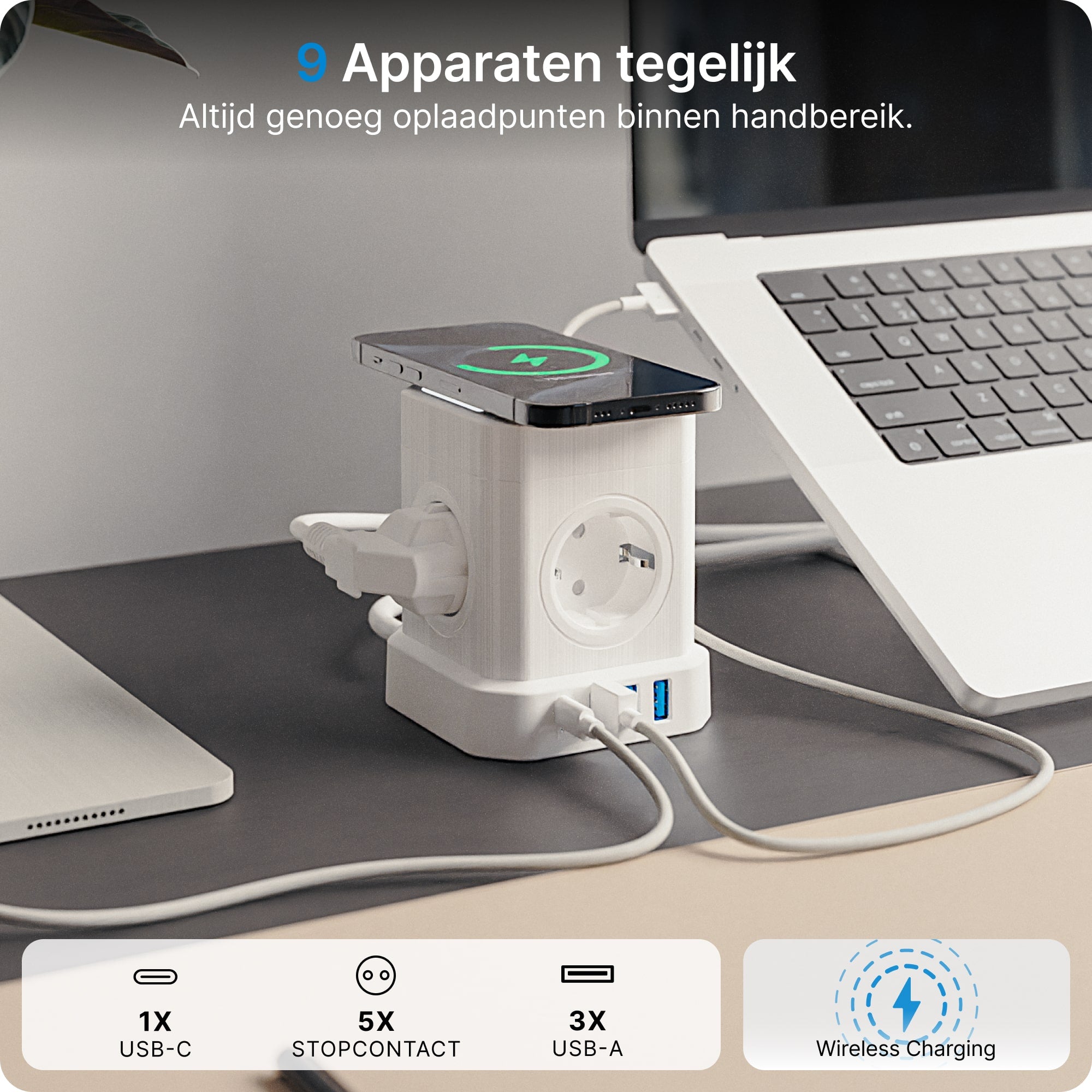 Voomy Power Cube S6-W - Stekkerdoos met draadloos opladen 1 USB-C & 3 USB-A 4000W Wit