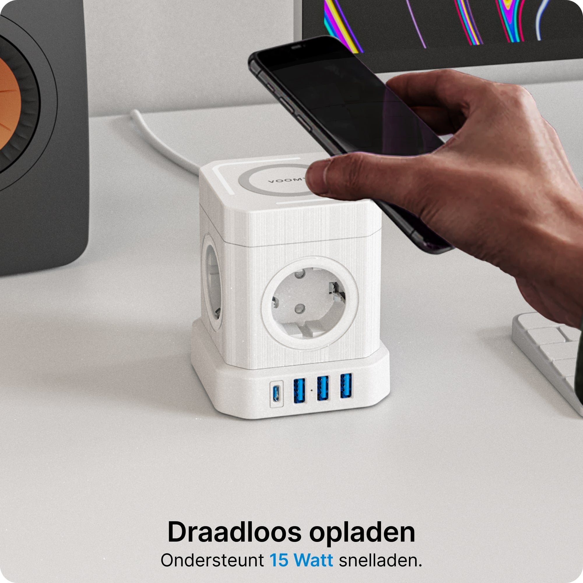 Voomy Power Cube S6-W - Stekkerdoos met draadloos opladen 1 USB-C & 3 USB-A 4000W Wit