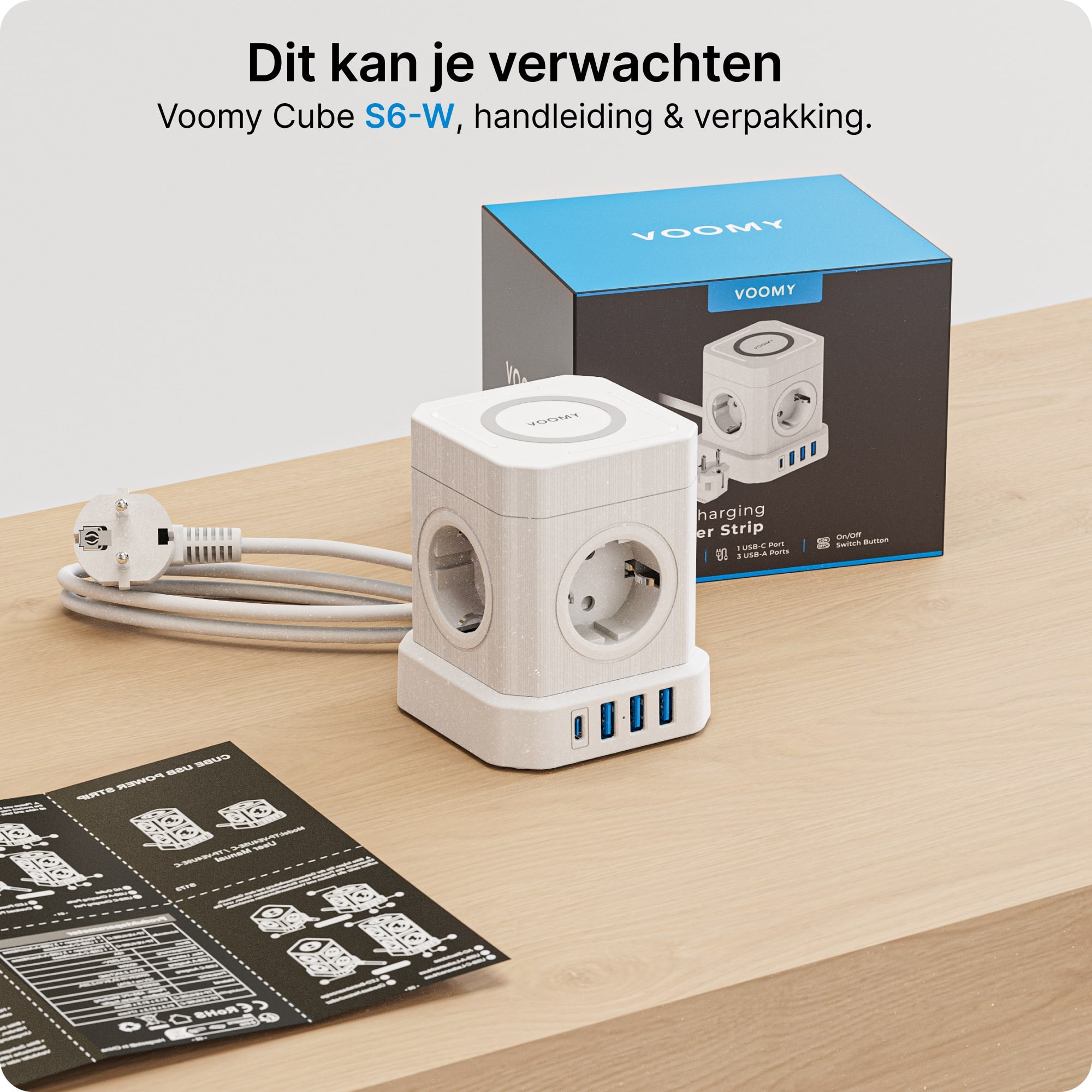 Voomy Power Cube S6-W - Stekkerdoos met draadloos opladen 1 USB-C & 3 USB-A 4000W Wit