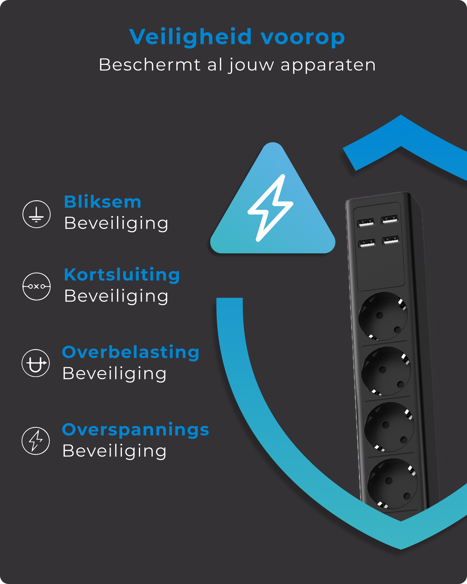 Voomy Power S4 - Platte Stekkerdoos - 4 USB-A & 4 EU - Zwart