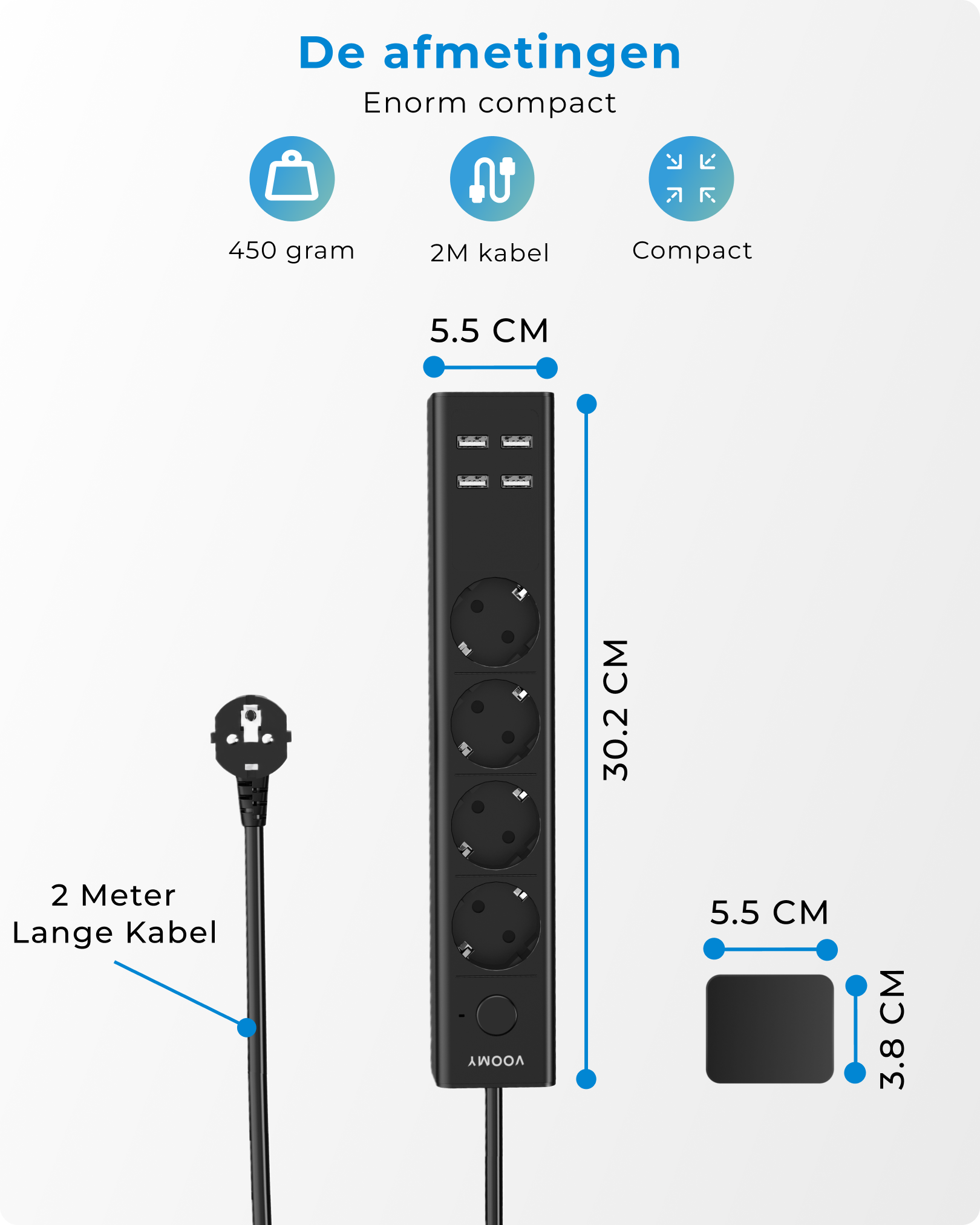 Voomy Power S4 - Platte Stekkerdoos - 4 USB-A & 4 EU - Zwart