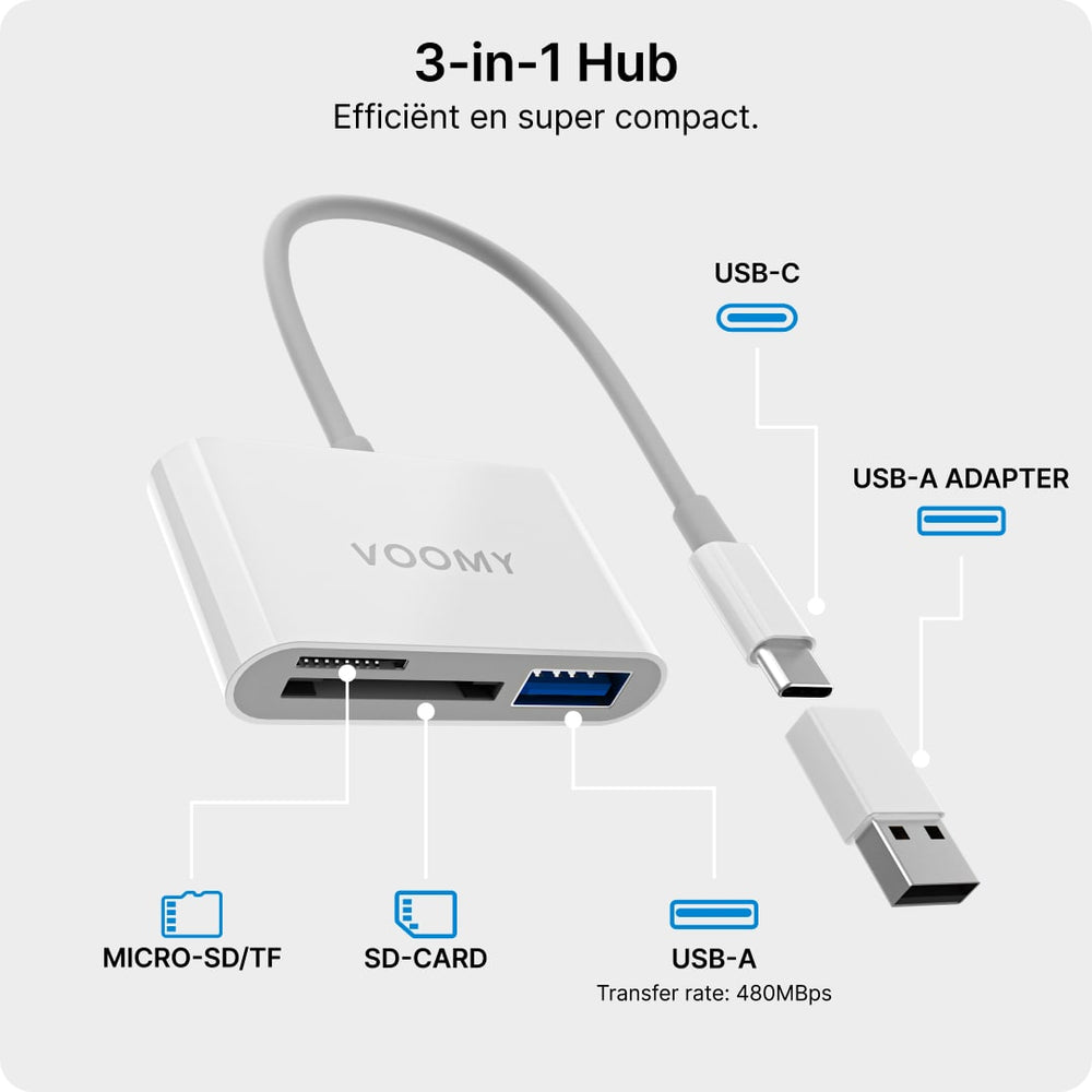 Voomy Connect H2 - 3 in 1 SD Kaartlezer - USB-C & USB-A Hub - Voomy