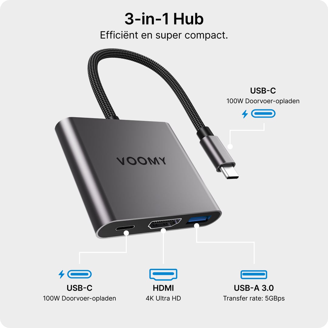 Voomy Connect H3 - 3 in 1 Hub - 4K HDMI - USB-C 100W