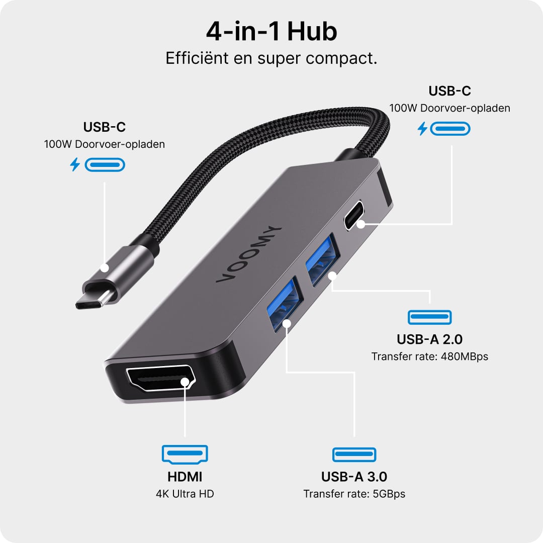 Voomy Connect H4 - 4 in 1 Hub - 4K HDMI - USB-C 100W