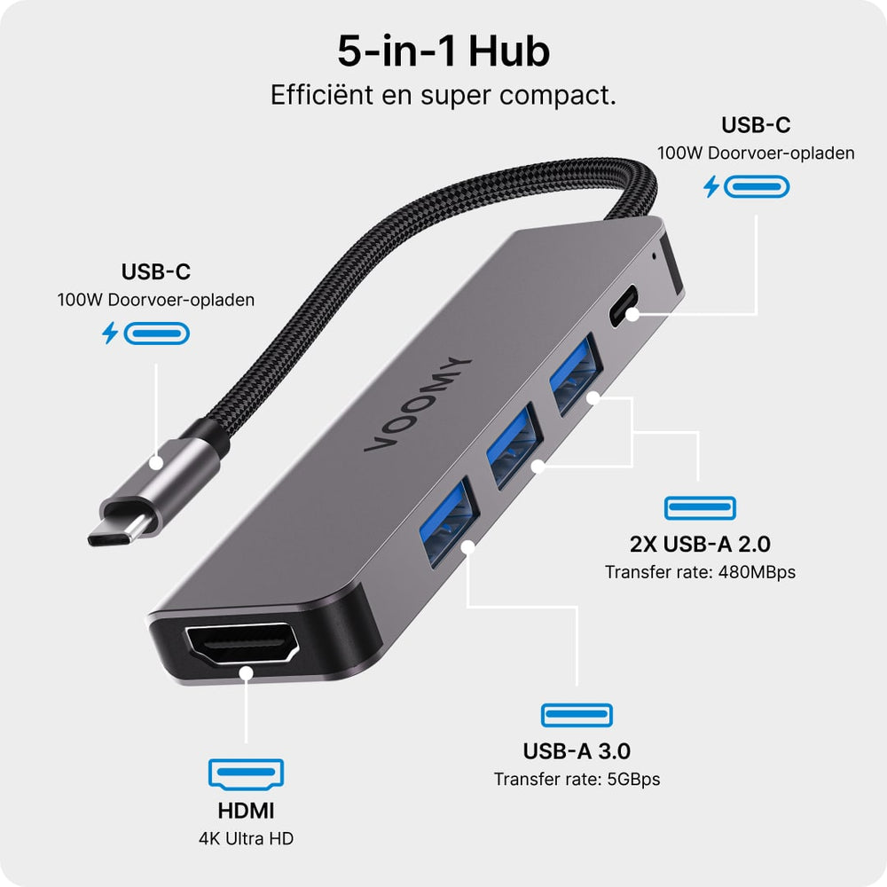 Voomy 5 in 1 USB-C Hub - 4K HDMI, 100W PD, USB-A 3.0 en 2x USB-A 2.0 ...