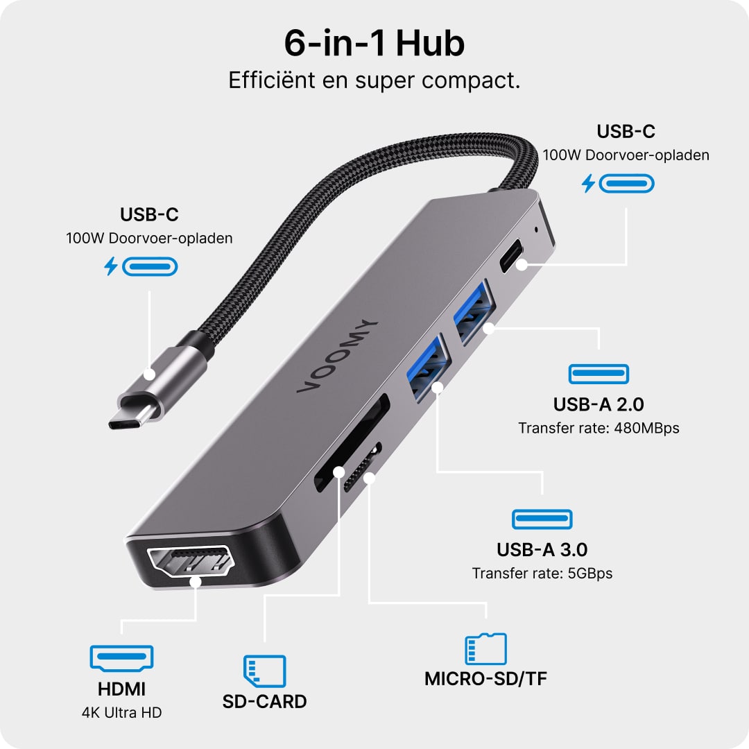 Voomy Connect H6 - 6 in 1 Hub - 4K HMDI - 100W USB-C