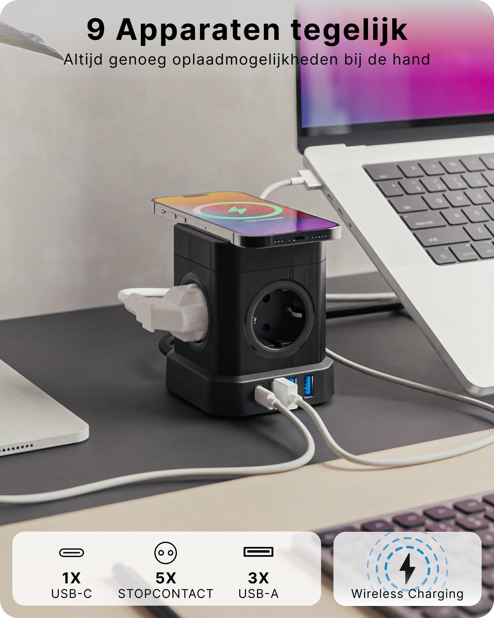 Voomy Power Cube S6-W - Stekkerdoos met draadloos opladen 1 USB-C & 3 USB-A 4000W Zwart